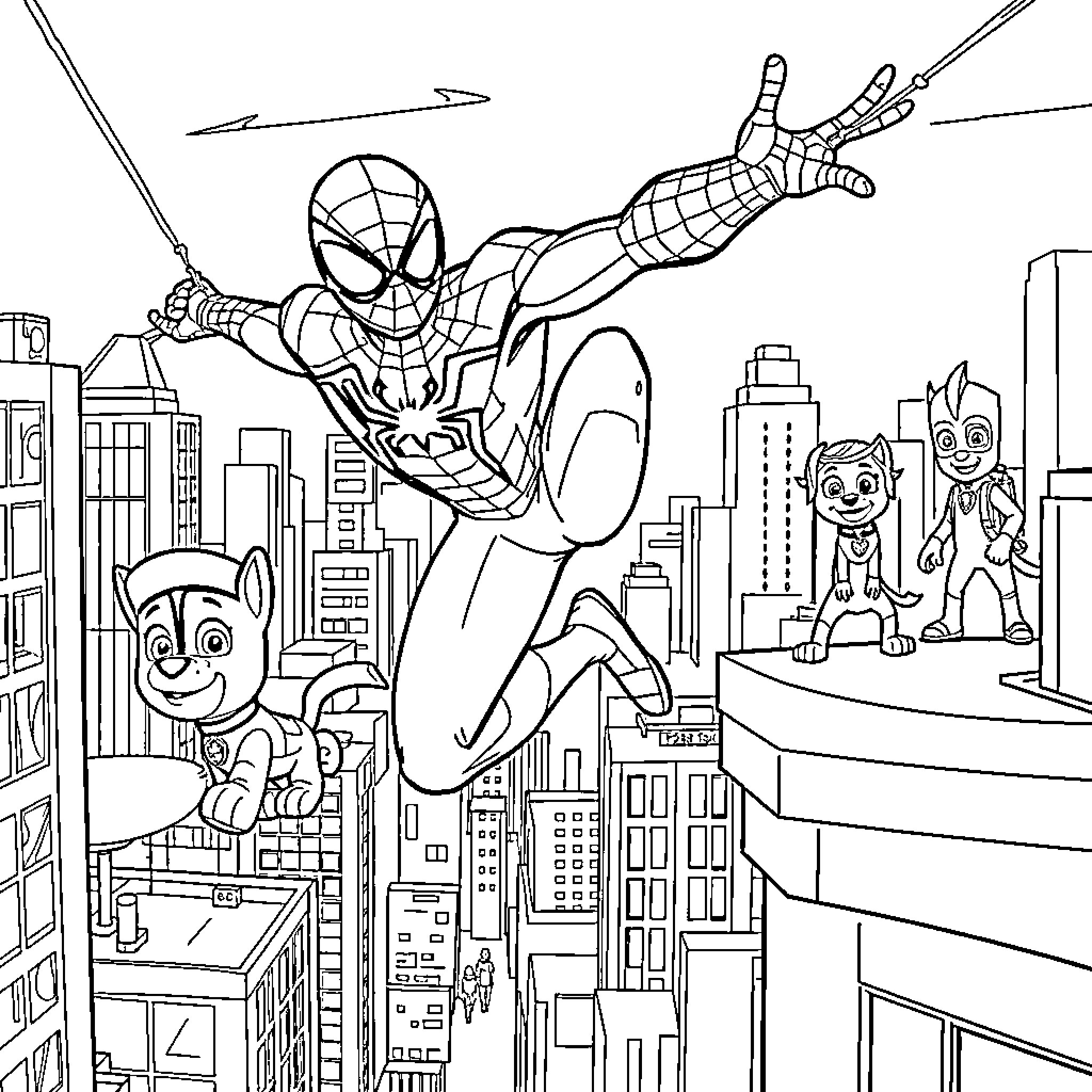 Spidey swinging through the city with sidekicks Coloring Page (free black-and-white line drawing printable PDF for all, from beginners to advanced learners, including children, teens, adults, and seniors)