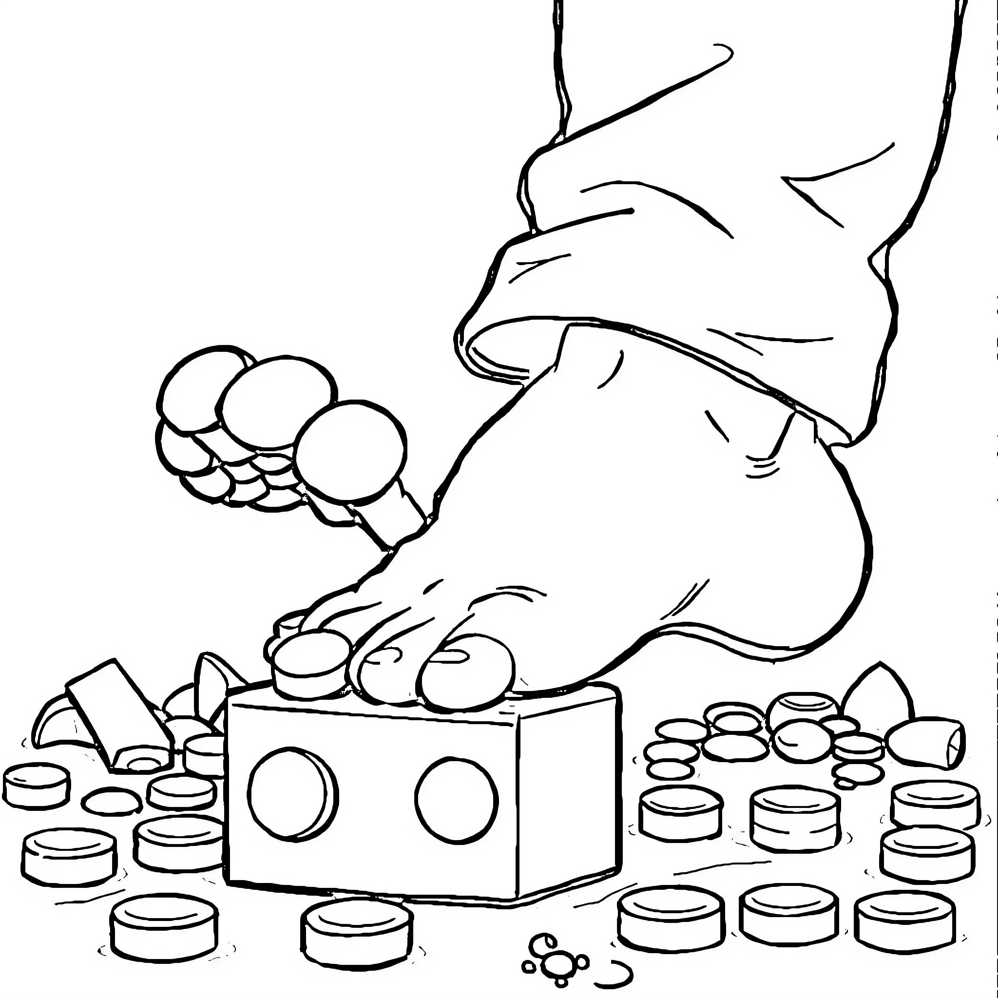 Lego building with giant hands Coloring Page (free black-and-white line drawing printable PDF for all, from beginners to advanced learners, including children, teens, adults, and seniors)