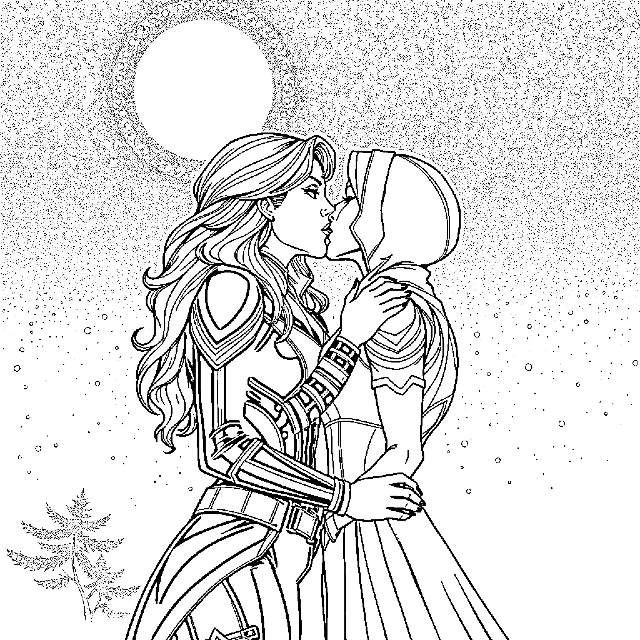 Scarlet Witch's passionate embrace under the moonlit sky Coloring Page (free black-and-white line drawing printable PDF for all, from beginners to advanced learners, including children, teens, adults, and seniors)