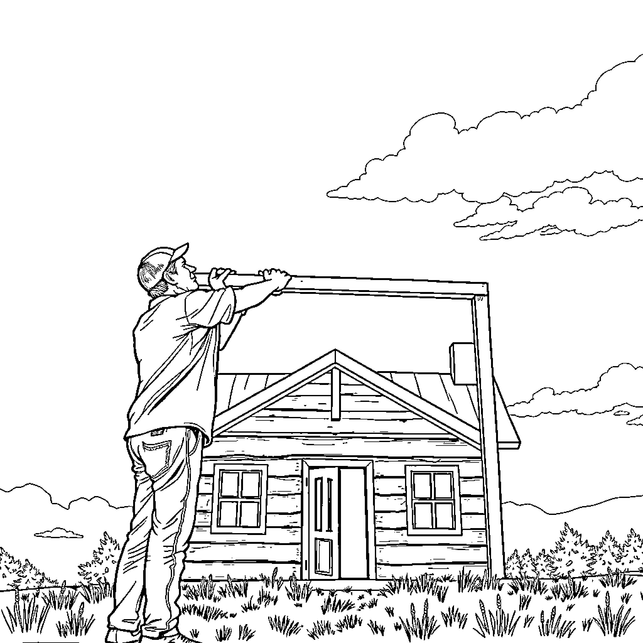 Dad enjoying the outdoors near a rustic cabin Coloring Page (free black-and-white line drawing printable PDF for all, from beginners to advanced learners, including children, teens, adults, and seniors)
