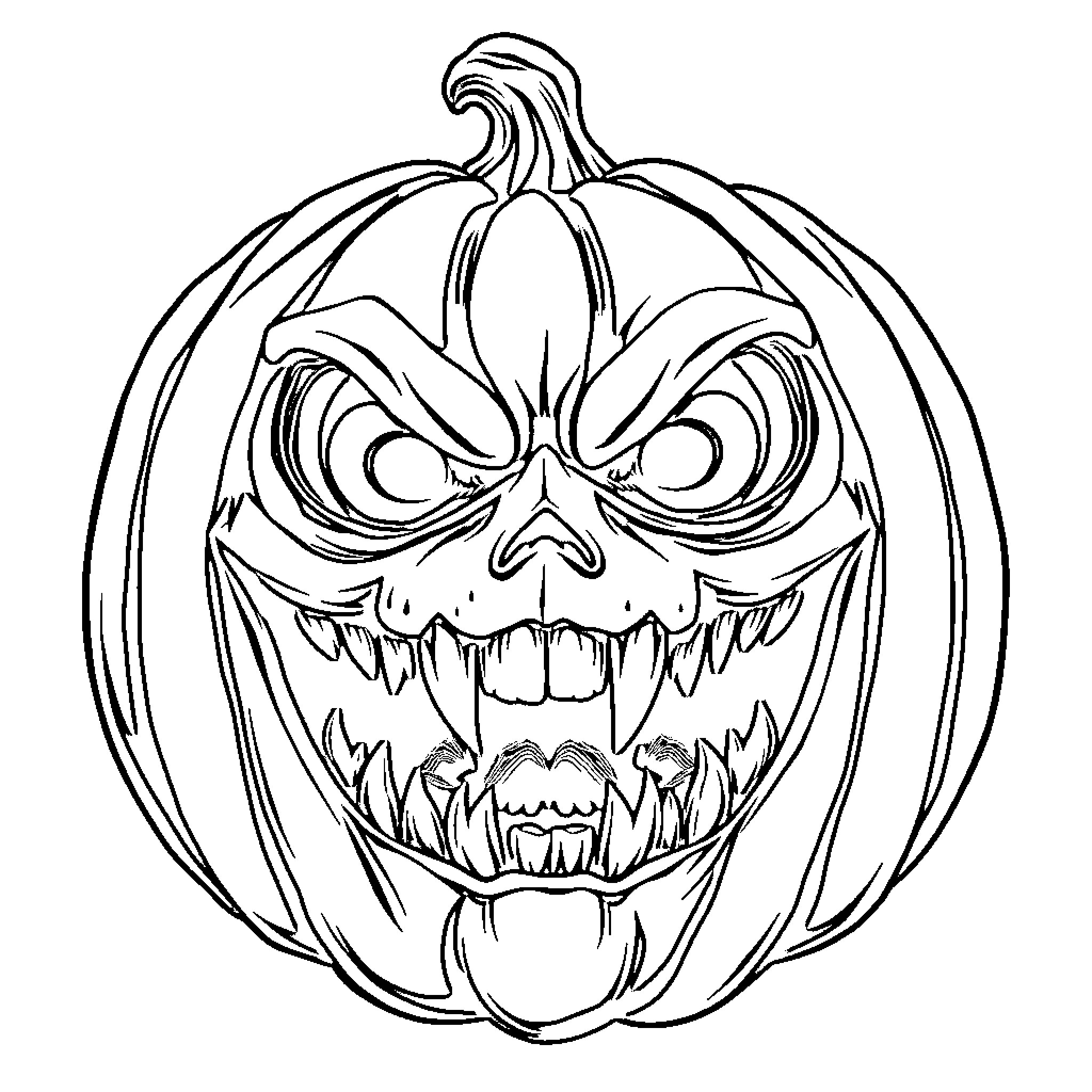 Pumpkin with menacing expression and sharp teeth Coloring Page (free black-and-white line drawing printable PDF for all, from beginners to advanced learners, including children, teens, adults, and seniors)
