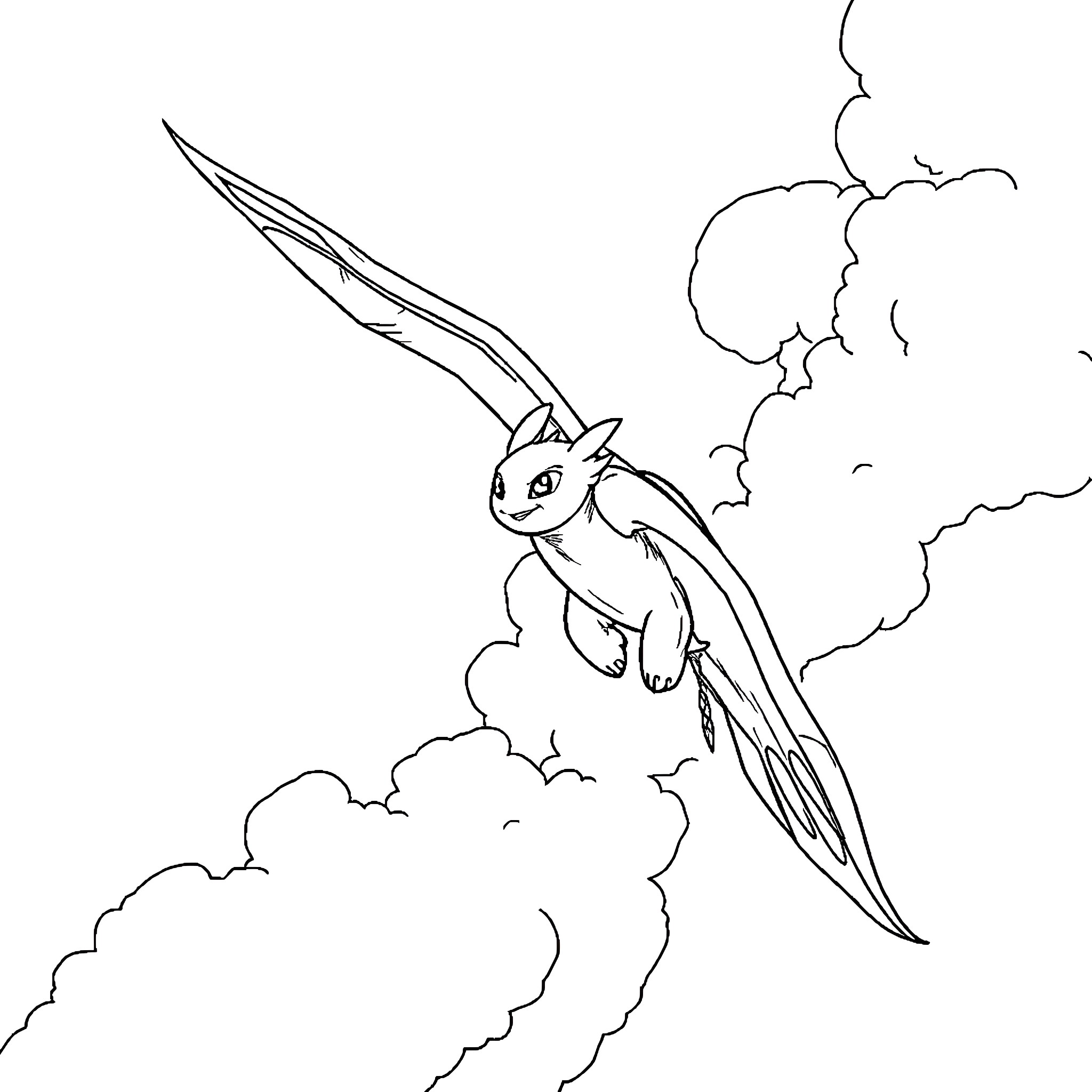 Toothless dragon soaring through the clouds Coloring Page (free black-and-white line drawing printable PDF for all, from beginners to advanced learners, including children, teens, adults, and seniors)