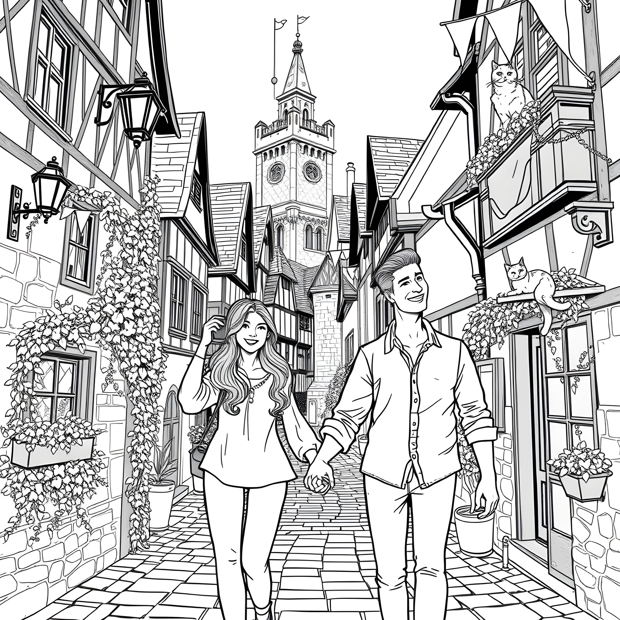 Couple strolling through a charming historic town Coloring Page (free black-and-white line drawing printable PDF for all, from beginners to advanced learners, including children, teens, adults, and seniors)