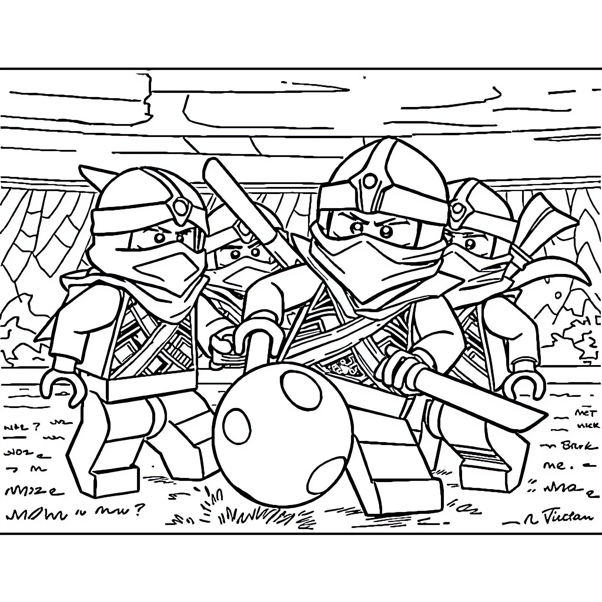 Ninjago Warriors Engaged in Battle Coloring Page (free black-and-white line drawing printable PDF for all, from beginners to advanced learners, including children, teens, adults, and seniors)