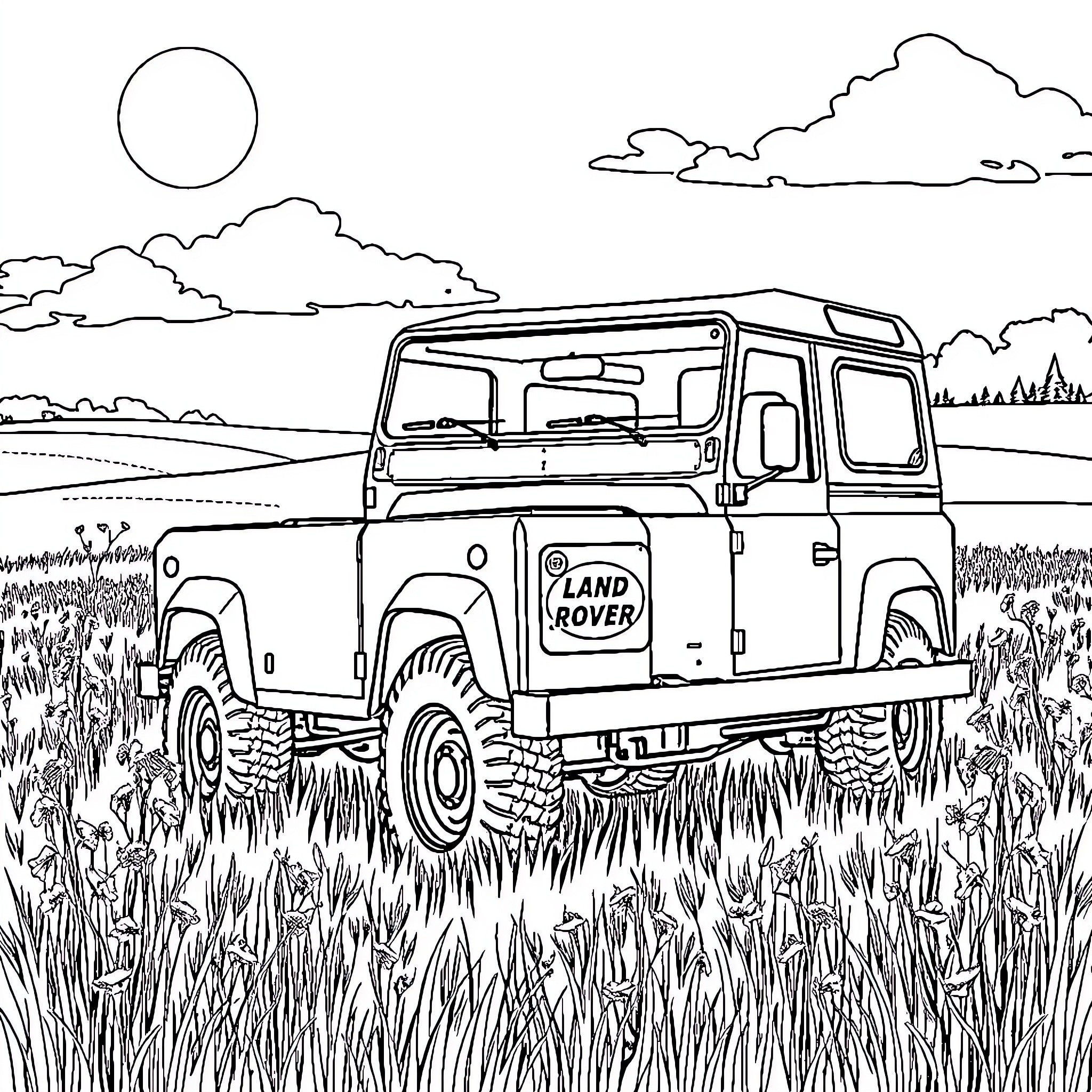Land Rover exploring the countryside Coloring Page (free black-and-white line drawing printable PDF for all, from beginners to advanced learners, including children, teens, adults, and seniors)