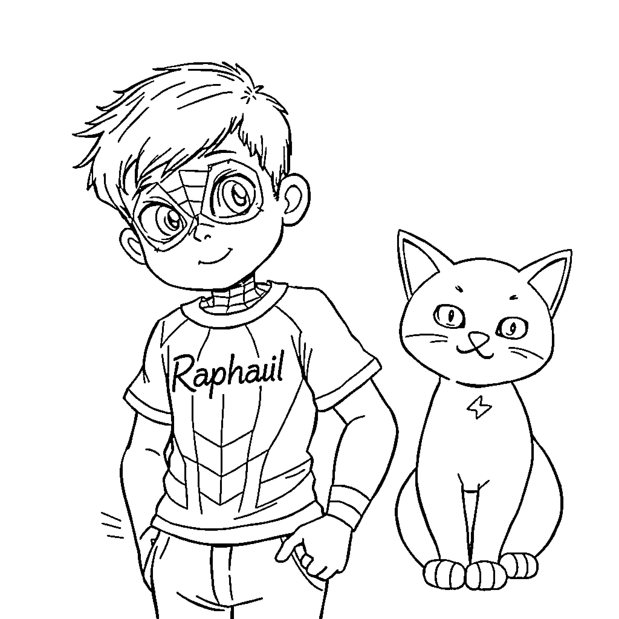 Boy with pet cat posing in the room Coloring Page (free black-and-white line drawing printable PDF for all, from beginners to advanced learners, including children, teens, adults, and seniors)