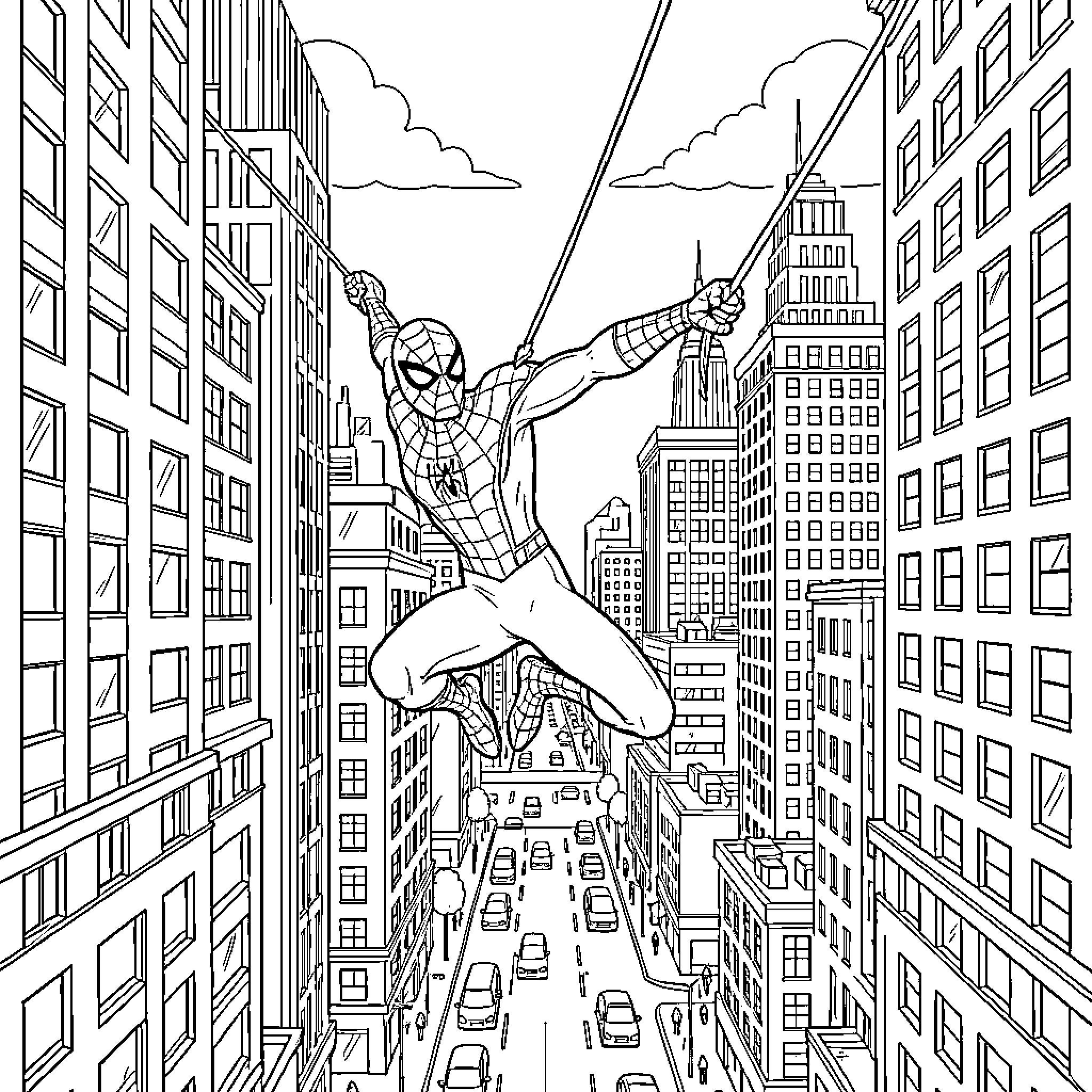 Spider-Man swinging through a busy city street Coloring Page (free black-and-white line drawing printable PDF for all, from beginners to advanced learners, including children, teens, adults, and seniors)