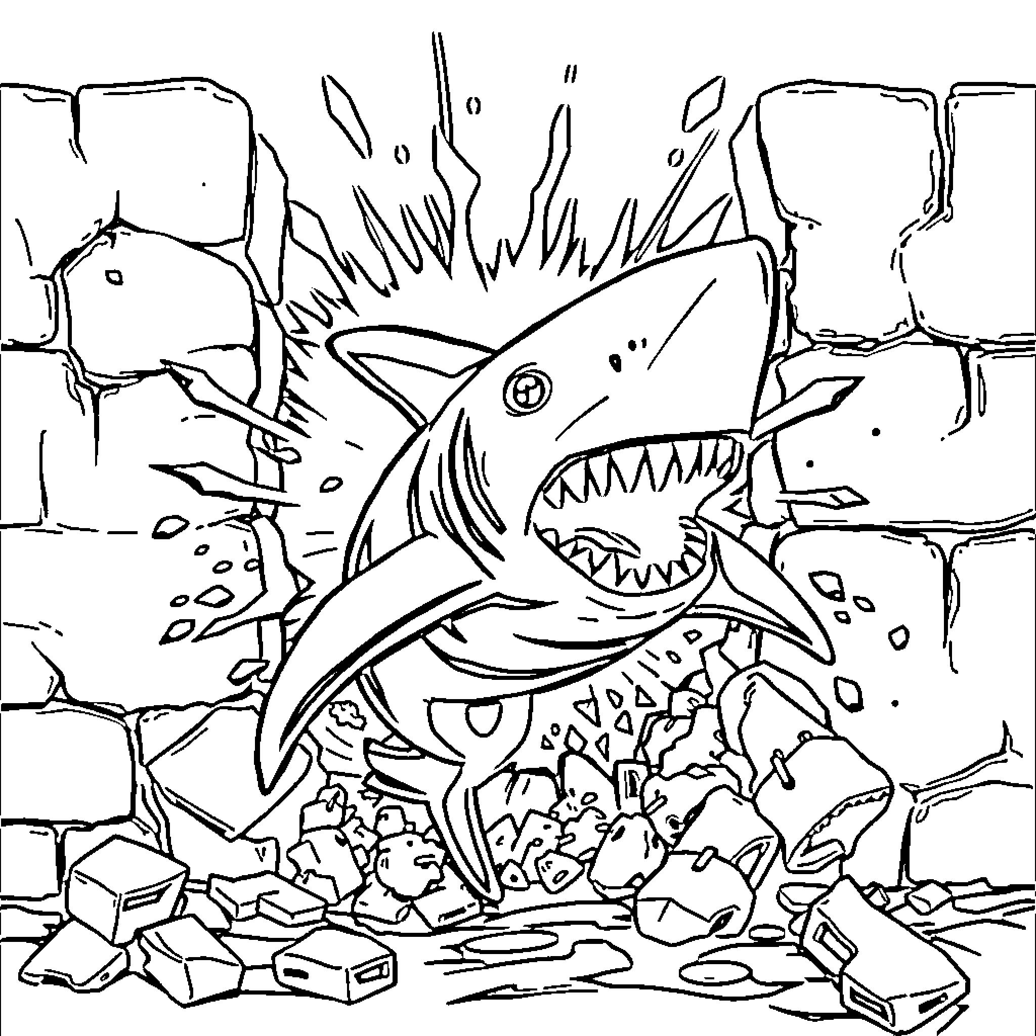Street Shark bursting through a rocky environment Coloring Page (free black-and-white line drawing printable PDF for all, from beginners to advanced learners, including children, teens, adults, and seniors)