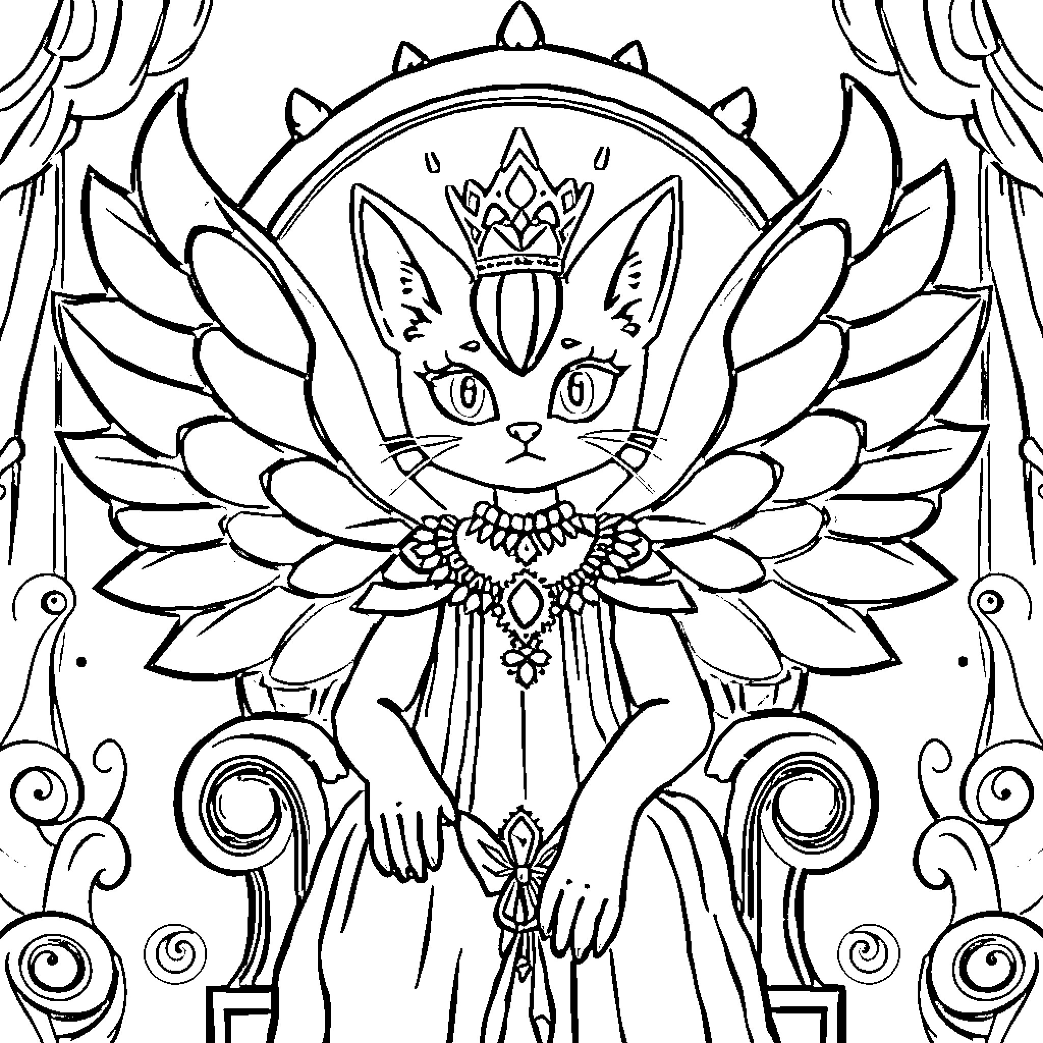 Cat with ornate floral crown and wings Coloring Page (free black-and-white line drawing printable PDF for all, from beginners to advanced learners, including children, teens, adults, and seniors)