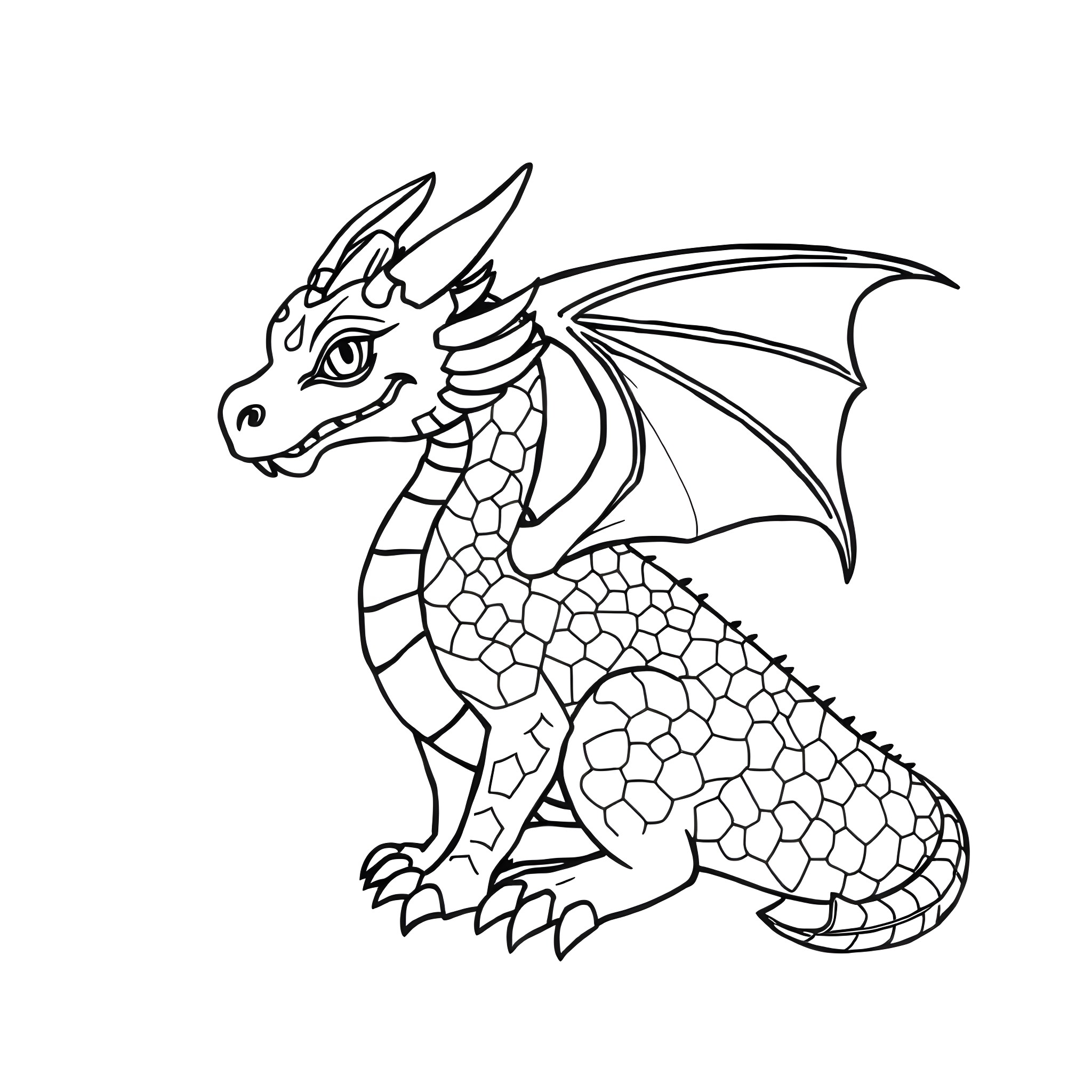 Dragon creature with wings and scales Coloring Page (free black-and-white line drawing printable PDF for all, from beginners to advanced learners, including children, teens, adults, and seniors)