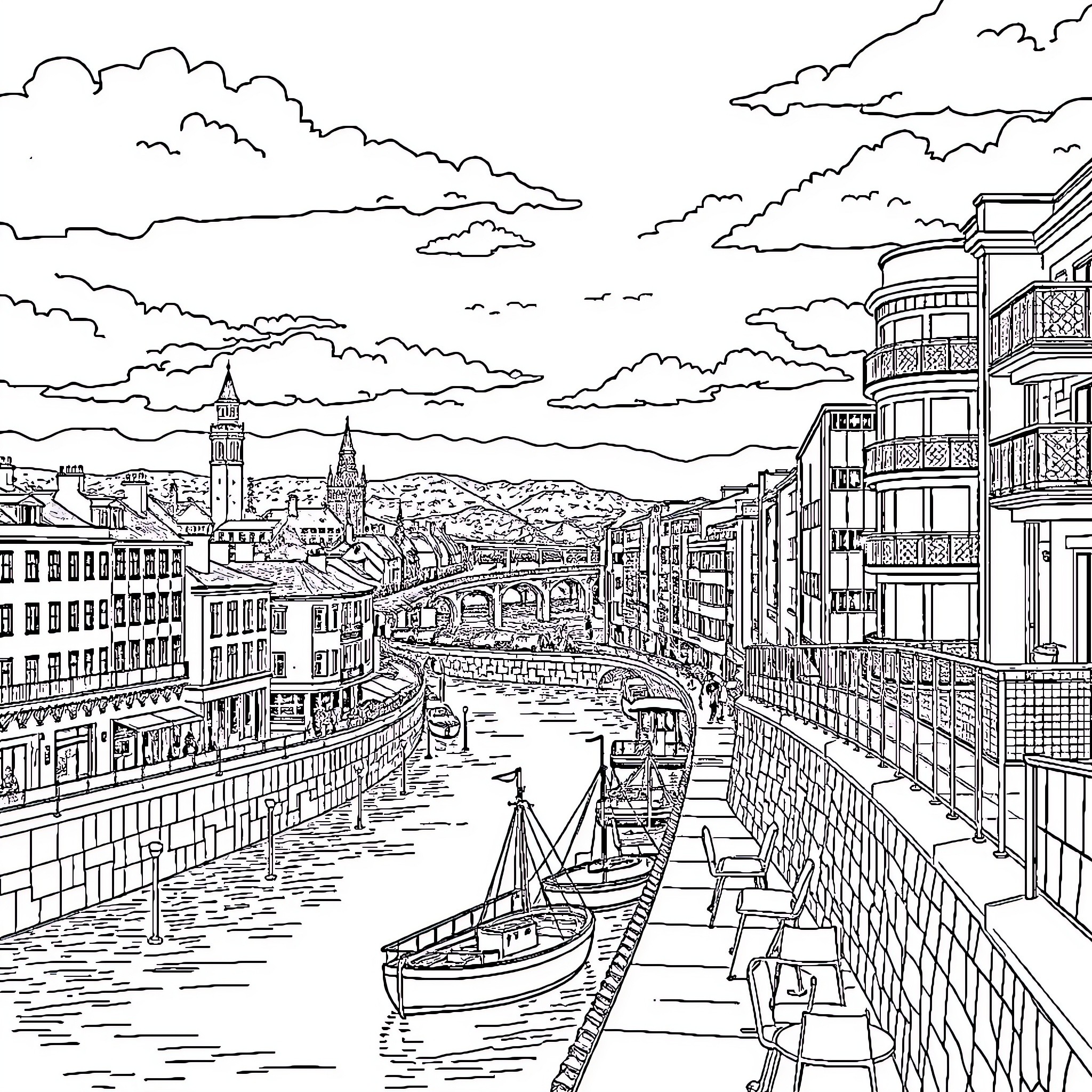 Bristol harbor scene with buildings and boats Coloring Page (free black-and-white line drawing printable PDF for all, from beginners to advanced learners, including children, teens, adults, and seniors)
