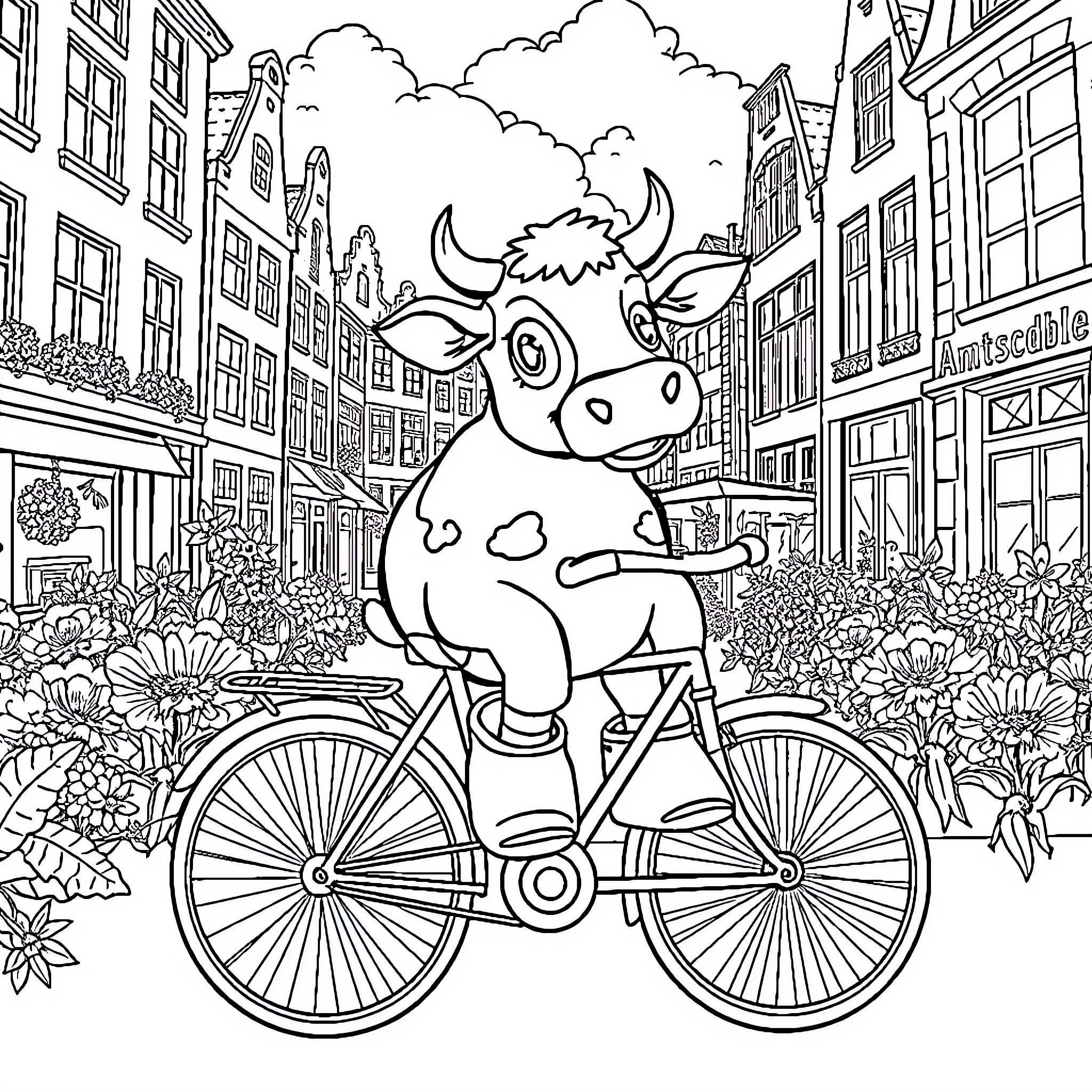 Cow riding a bicycle through a crowded city street Coloring Page (free black-and-white line drawing printable PDF for all, from beginners to advanced learners, including children, teens, adults, and seniors)