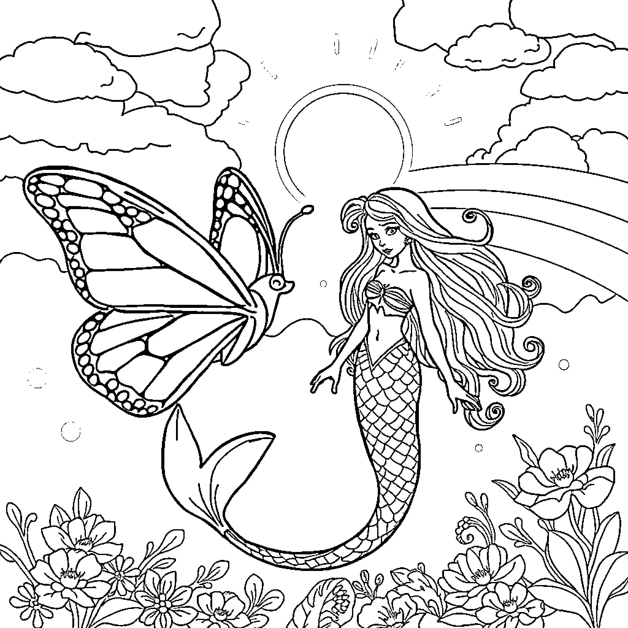 Butterfly-winged Mermaid in Floral Wonderland Coloring Page (free black-and-white line drawing printable PDF for all, from beginners to advanced learners, including children, teens, adults, and seniors)