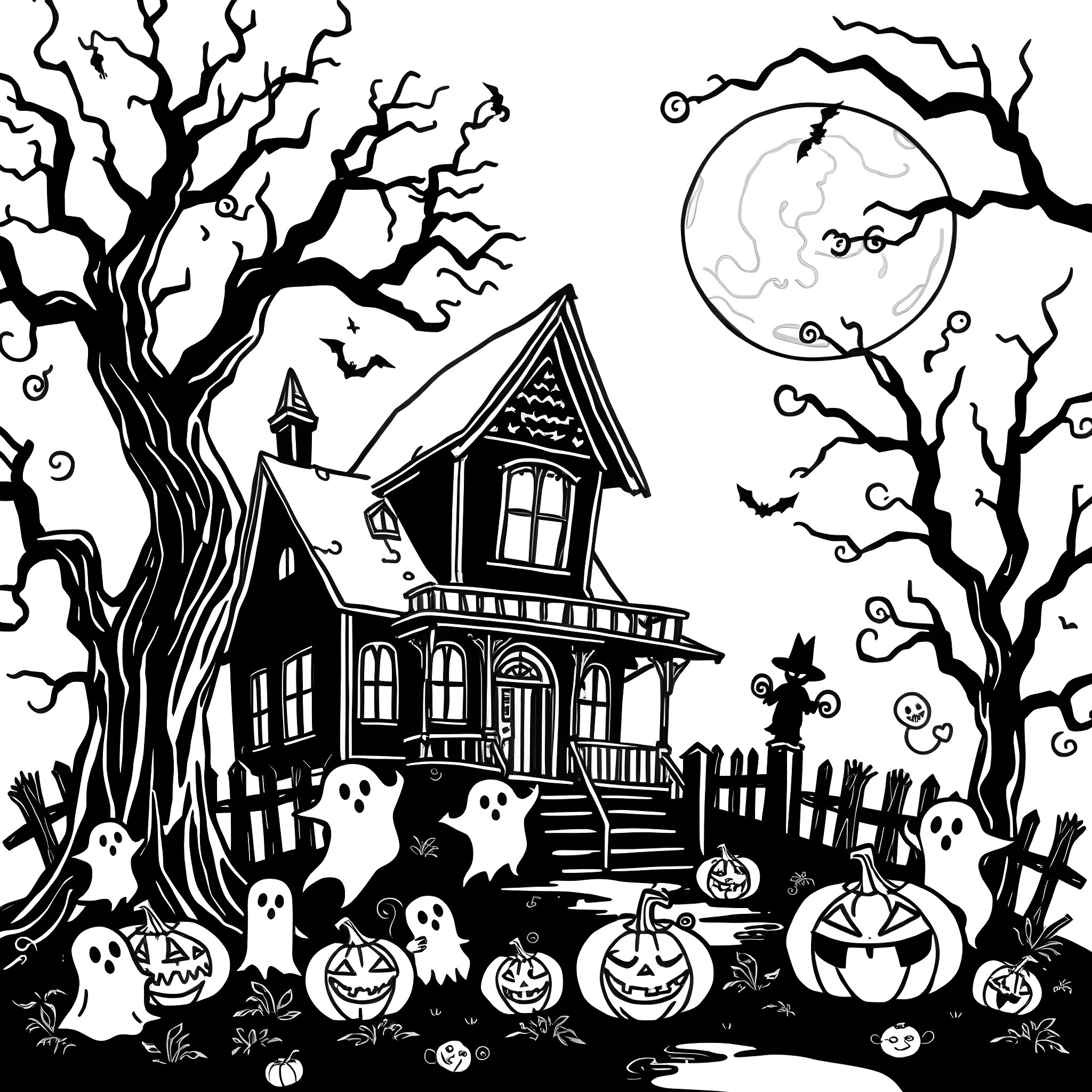 Halloween spooky haunted house with ghosts and pumpkins Coloring Page (free black-and-white line drawing printable PDF for all, from beginners to advanced learners, including children, teens, adults, and seniors)