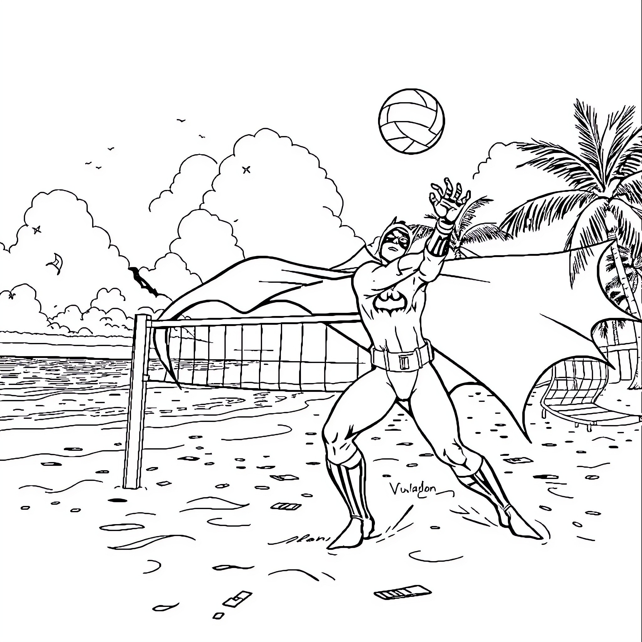 Batman Playing Volleyball on the Beach Coloring Page (free black-and-white line drawing printable PDF for all, from beginners to advanced learners, including children, teens, adults, and seniors)