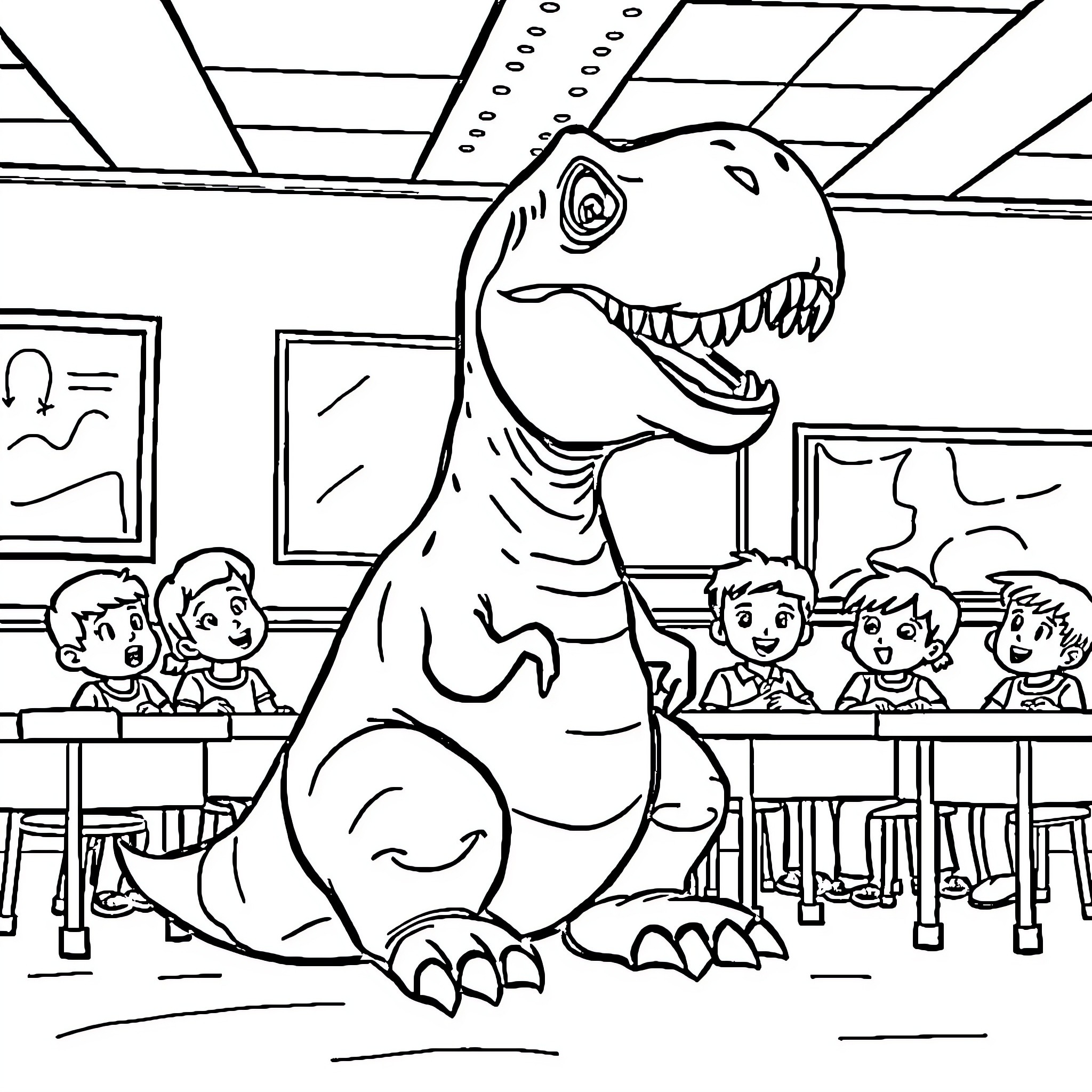 Dinosaur visits school classroom with students Coloring Page (free black-and-white line drawing printable PDF for all, from beginners to advanced learners, including children, teens, adults, and seniors)