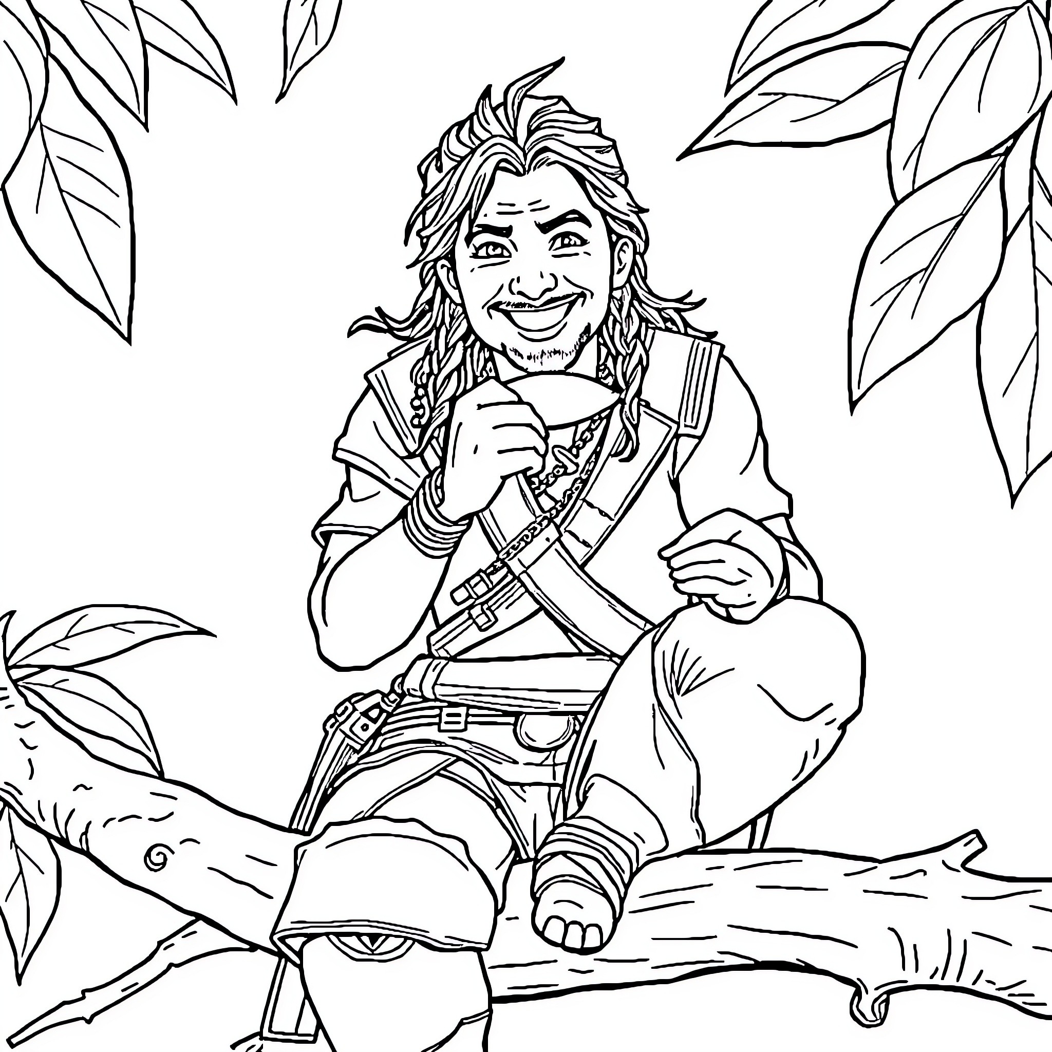 Connor Kenway Resting Outdoors in the Wilderness Coloring Page (free black-and-white line drawing printable PDF for all, from beginners to advanced learners, including children, teens, adults, and seniors)