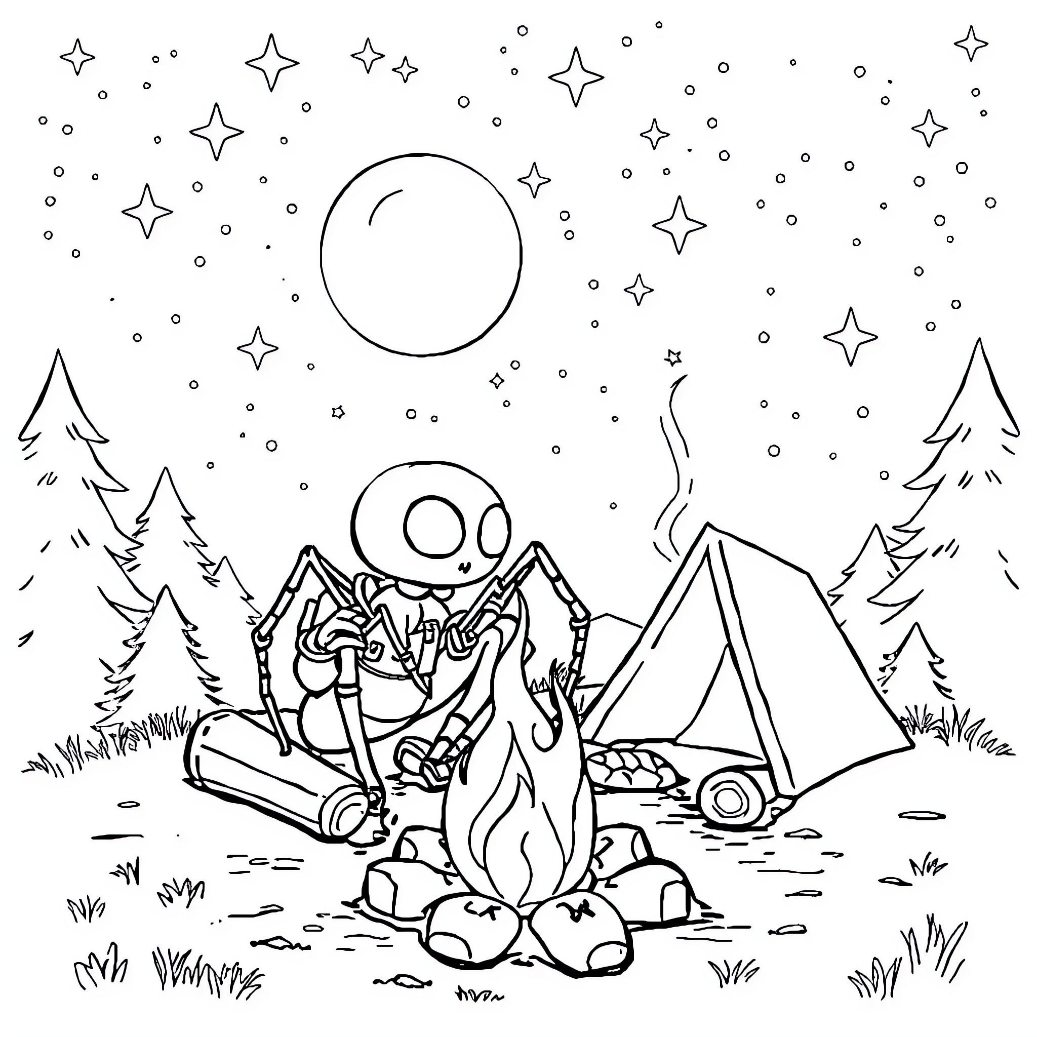 Spidy's Camping Adventure in the Starry Night Coloring Page (free black-and-white line drawing printable PDF for all, from beginners to advanced learners, including children, teens, adults, and seniors)