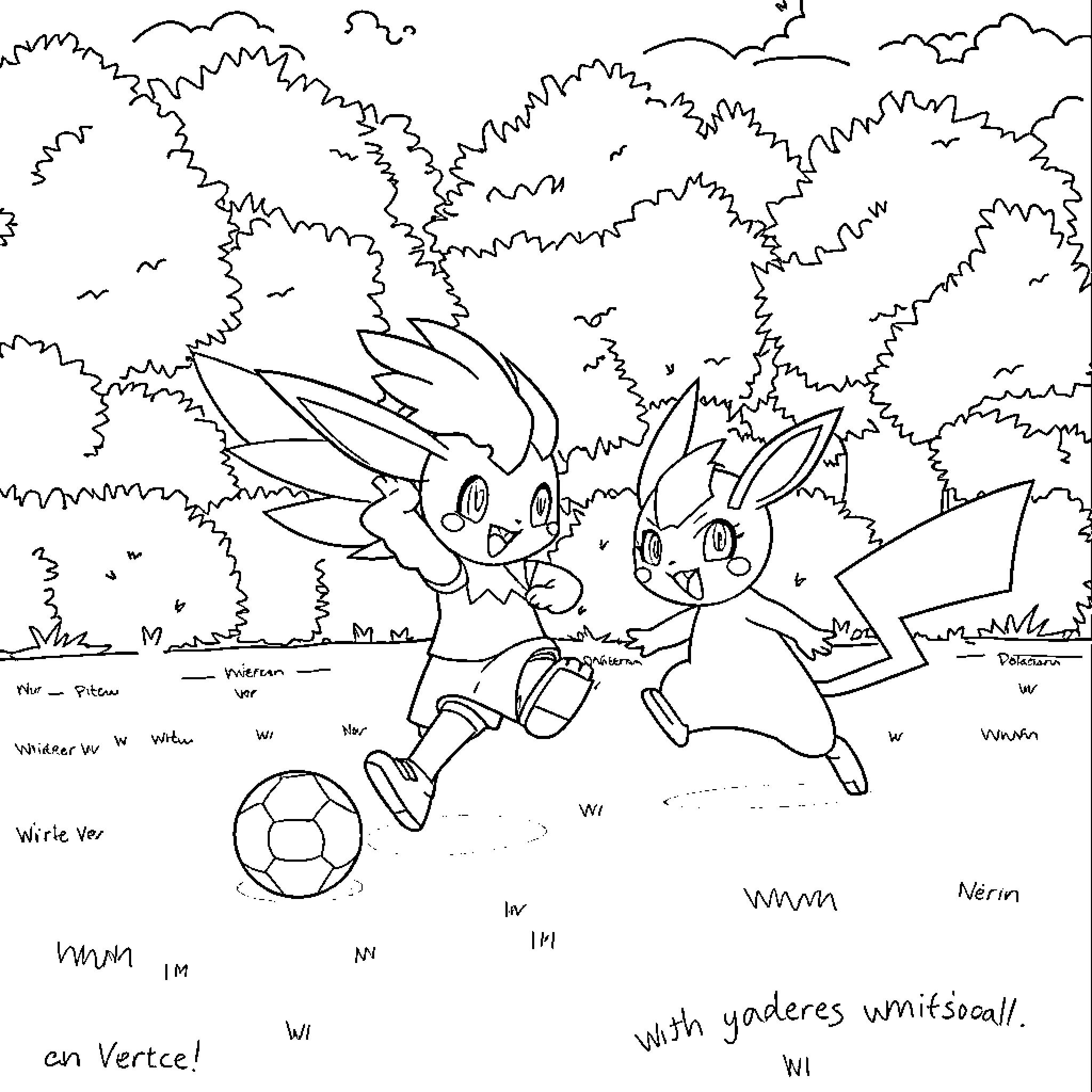 Pokémon characters playing soccer in the forest Coloring Page (free black-and-white line drawing printable PDF for all, from beginners to advanced learners, including children, teens, adults, and seniors)