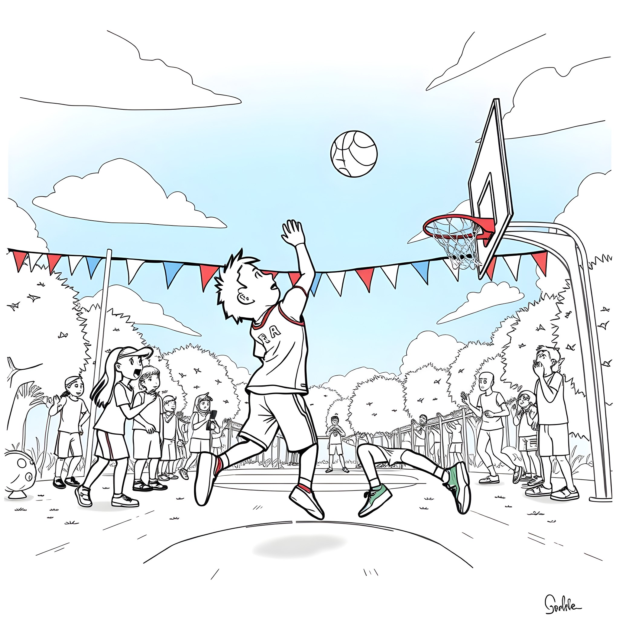 Paw Patrol basketball game in the park Coloring Page (free black-and-white line drawing printable PDF for all, from beginners to advanced learners, including children, teens, adults, and seniors)