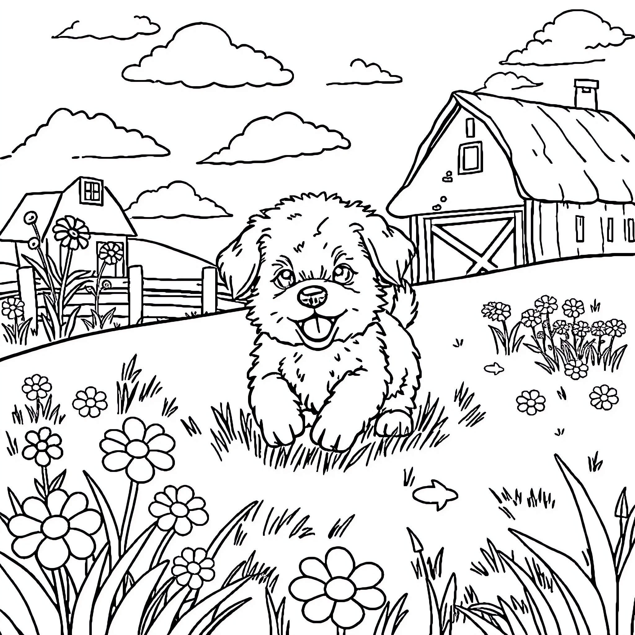 Puppy enjoying the farm scenery Coloring Page (free black-and-white line drawing printable PDF for all, from beginners to advanced learners, including children, teens, adults, and seniors)