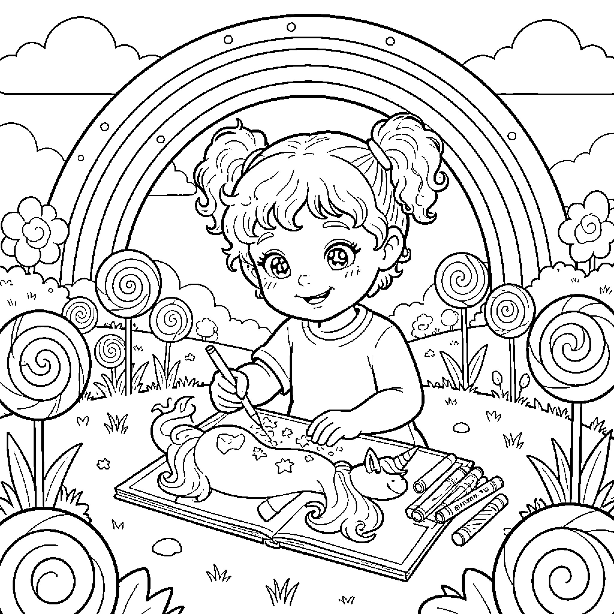 Girl Coloring in Storybook on Floral Meadow Coloring Page (free black-and-white line drawing printable PDF for all, from beginners to advanced learners, including children, teens, adults, and seniors)