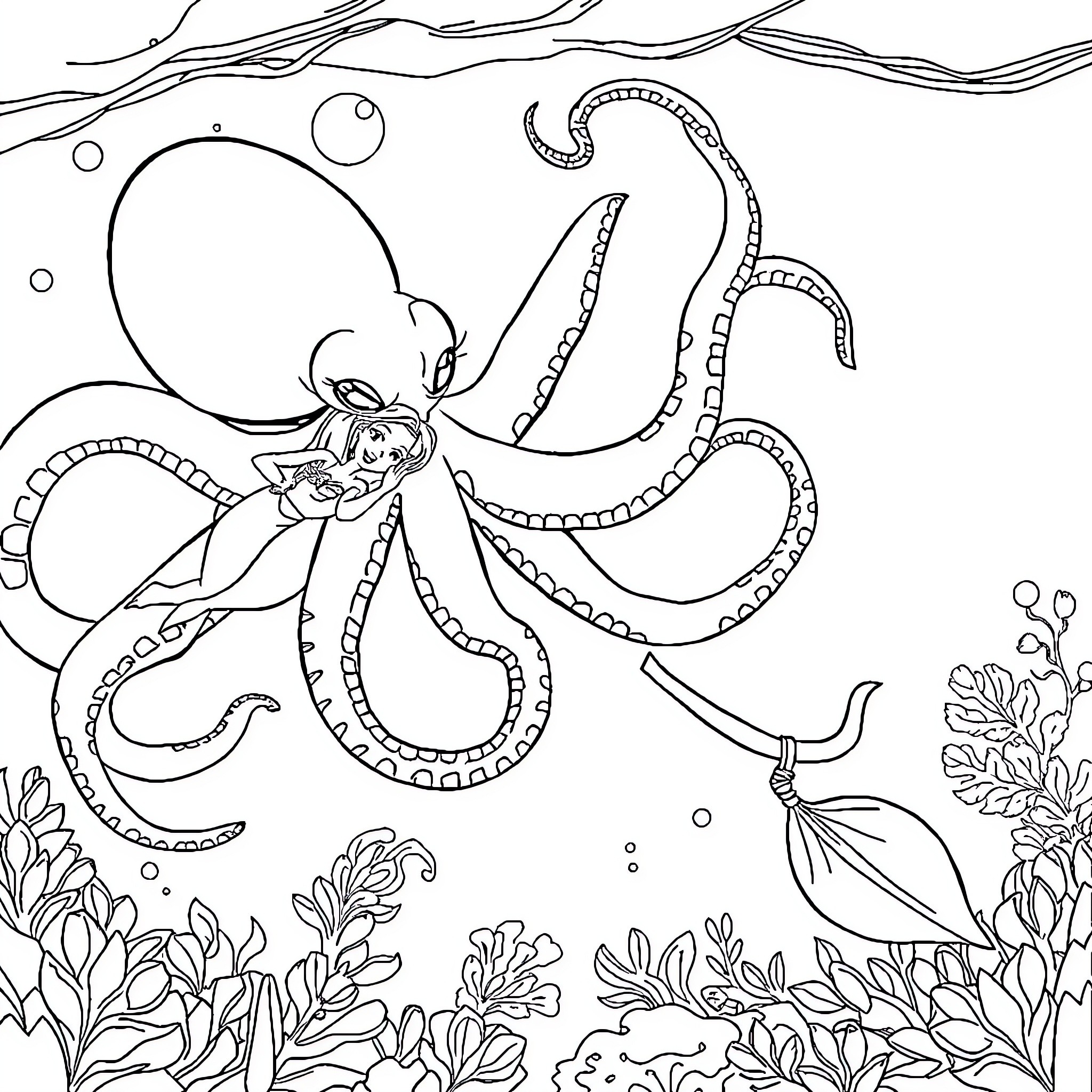 Ariel's Undersea Adventure Coloring Page (free black-and-white line drawing printable PDF for all, from beginners to advanced learners, including children, teens, adults, and seniors)