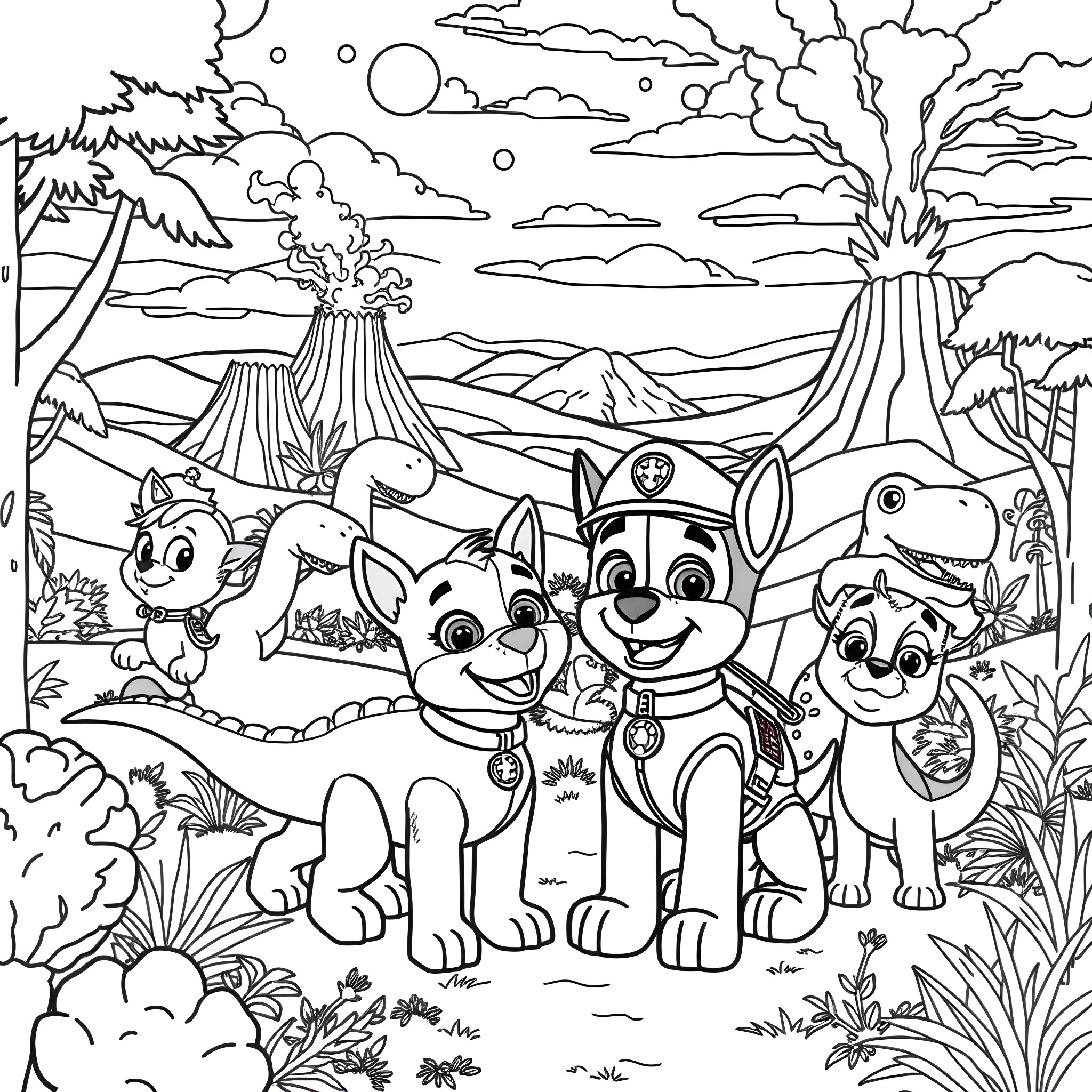 Paw Patrol Exploring the Volcanic Landscape Coloring Page (free black-and-white line drawing printable PDF for all, from beginners to advanced learners, including children, teens, adults, and seniors)