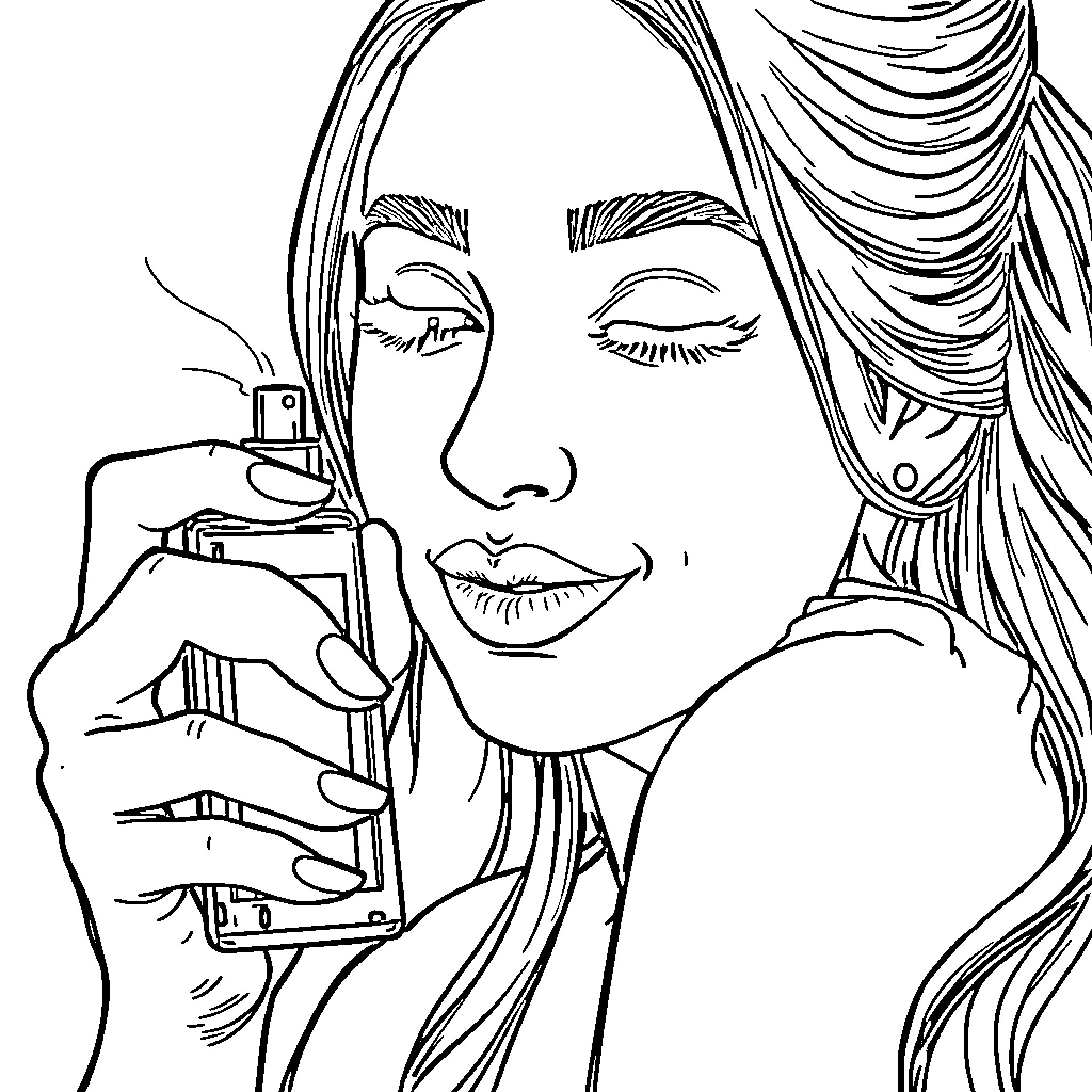 Ariana Grande applying perfume with closed eyes Coloring Page (free black-and-white line drawing printable PDF for all, from beginners to advanced learners, including children, teens, adults, and seniors)