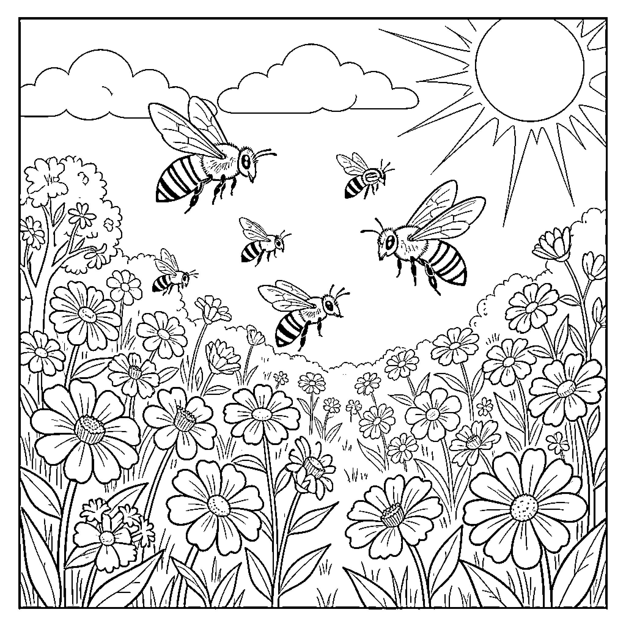 Bee Buzzing in Floral Garden Coloring Page (free black-and-white line drawing printable PDF for all, from beginners to advanced learners, including children, teens, adults, and seniors)