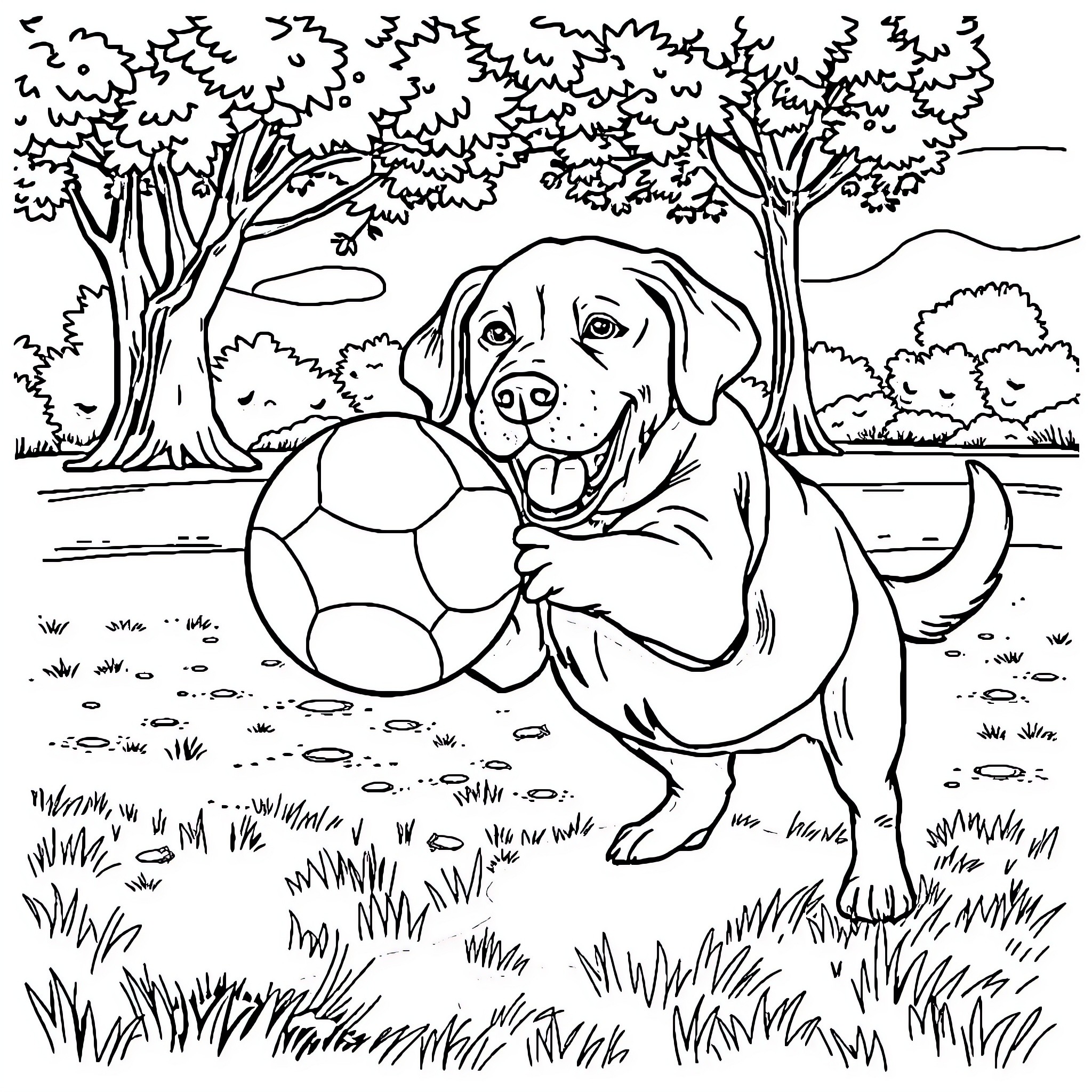 Labrador playing with a soccer ball in a park Coloring Page (free black-and-white line drawing printable PDF for all, from beginners to advanced learners, including children, teens, adults, and seniors)