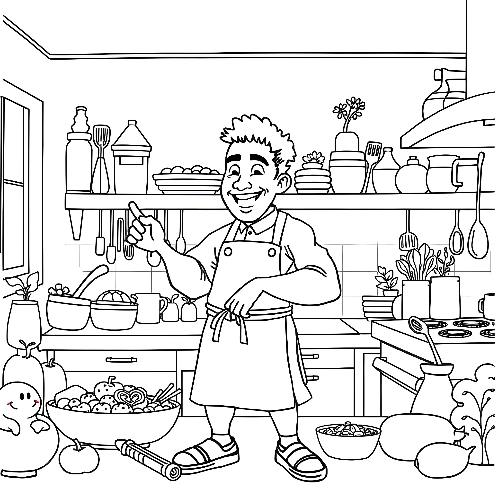 Omar the Cheerful Chef in the Bustling Kitchen Coloring Page (free black-and-white line drawing printable PDF for all, from beginners to advanced learners, including children, teens, adults, and seniors)