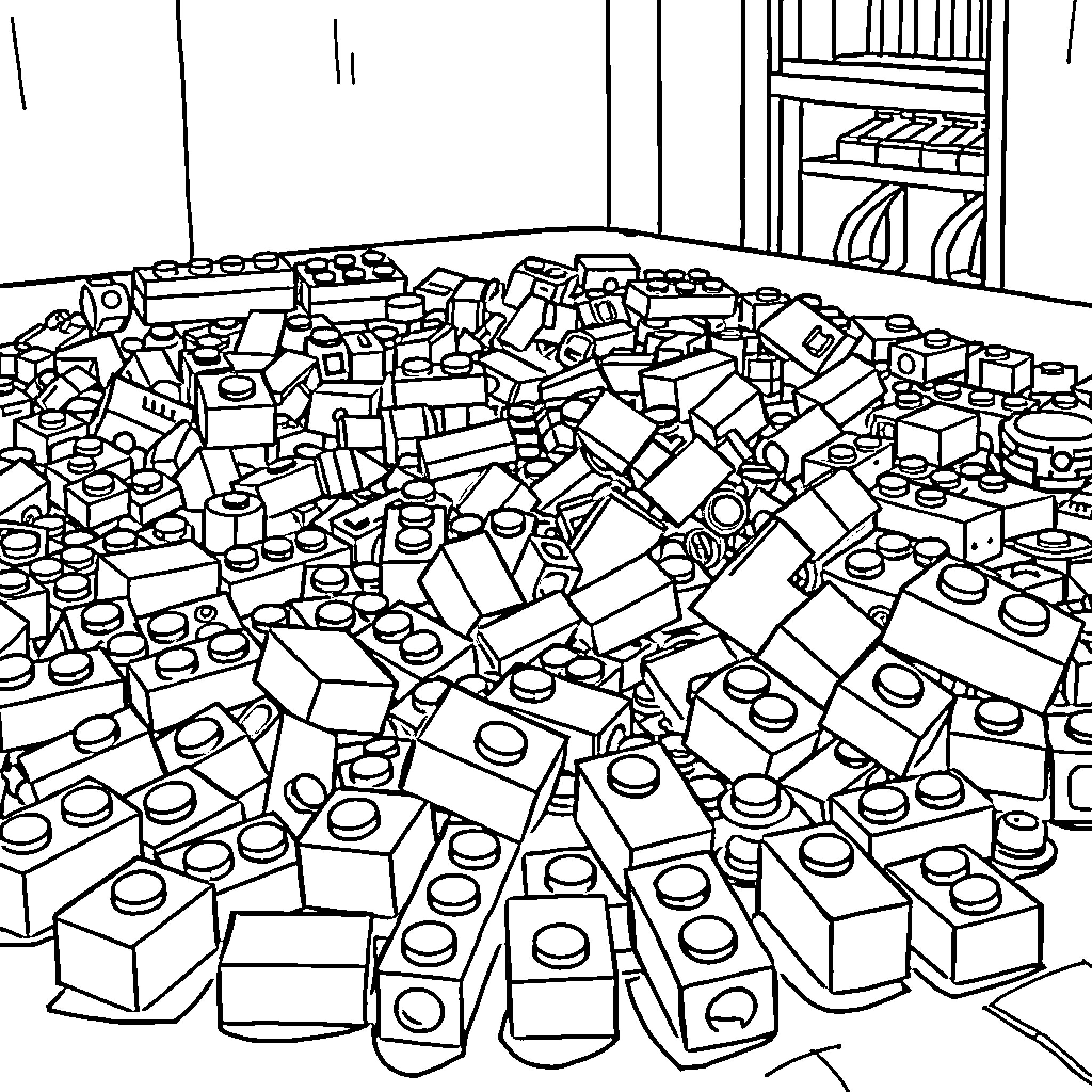 Lego blocks scattered in a cluttered room Coloring Page (free black-and-white line drawing printable PDF for all, from beginners to advanced learners, including children, teens, adults, and seniors)