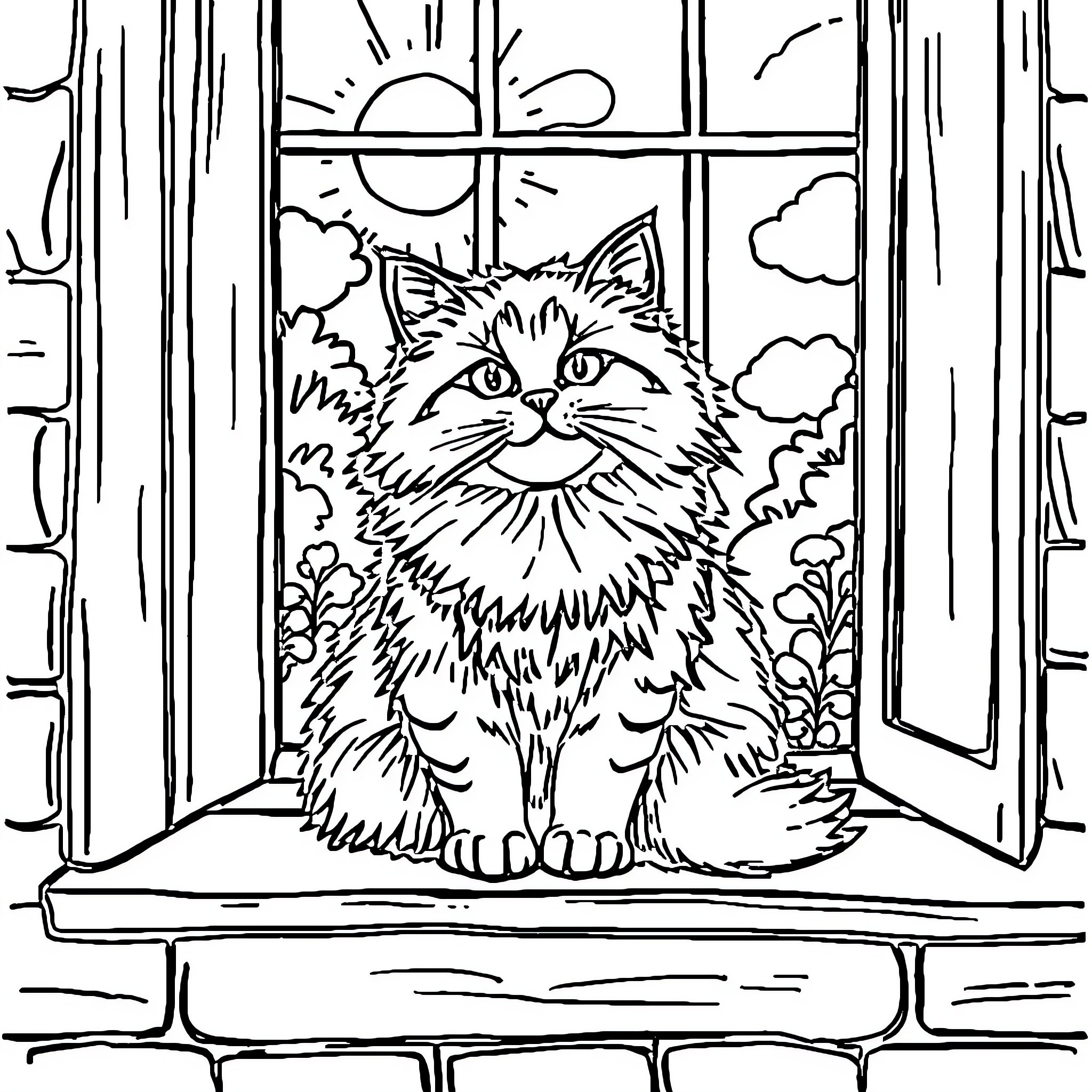 Cat gazing through window on cloudy day Coloring Page (free black-and-white line drawing printable PDF for all, from beginners to advanced learners, including children, teens, adults, and seniors)