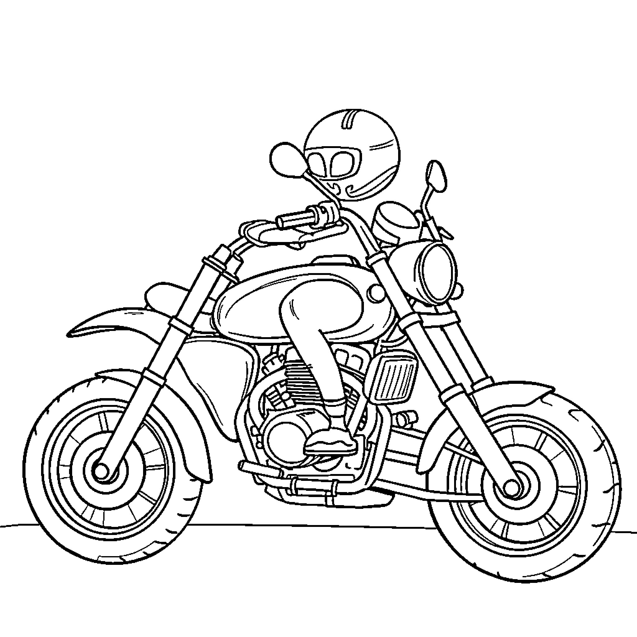 Motorcycle rider in safety gear on classic bike Coloring Page (free black-and-white line drawing printable PDF for all, from beginners to advanced learners, including children, teens, adults, and seniors)