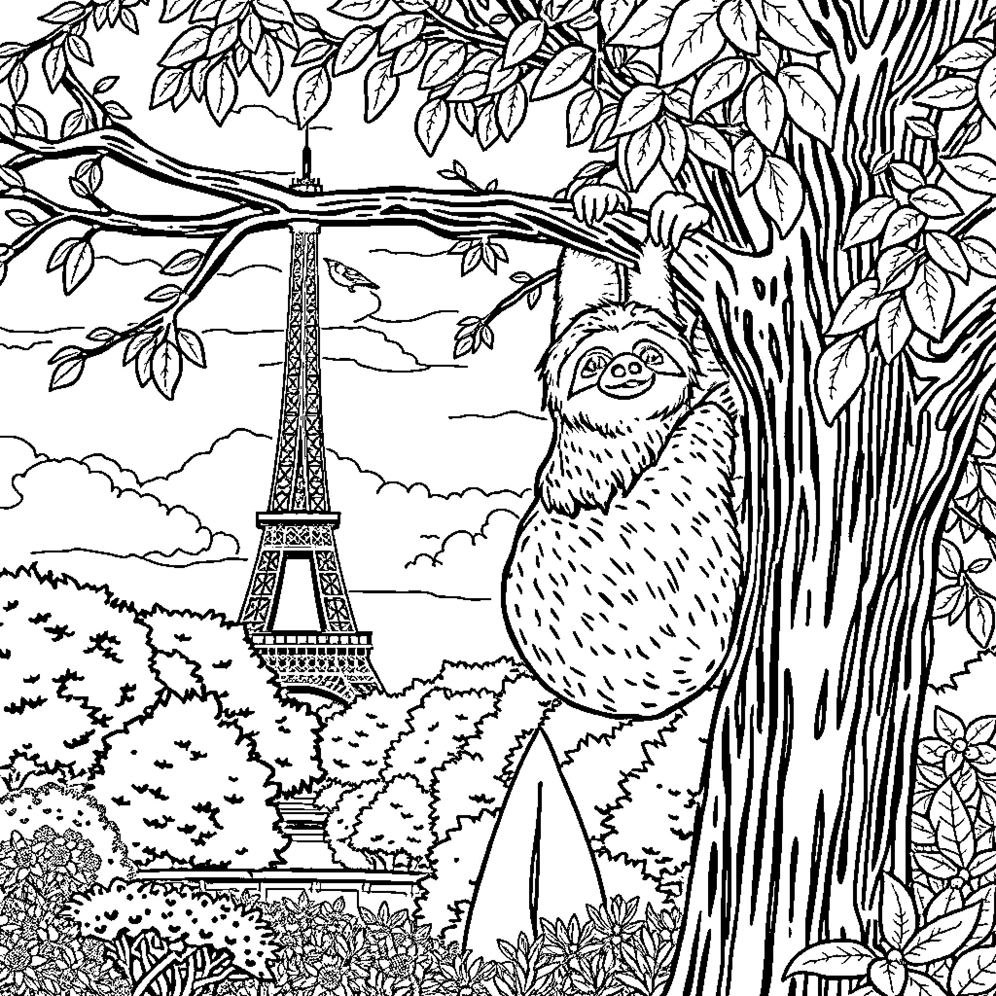 Sloth enjoying a peaceful moment in Parisian scenery Coloring Page (free black-and-white line drawing printable PDF for all, from beginners to advanced learners, including children, teens, adults, and seniors)