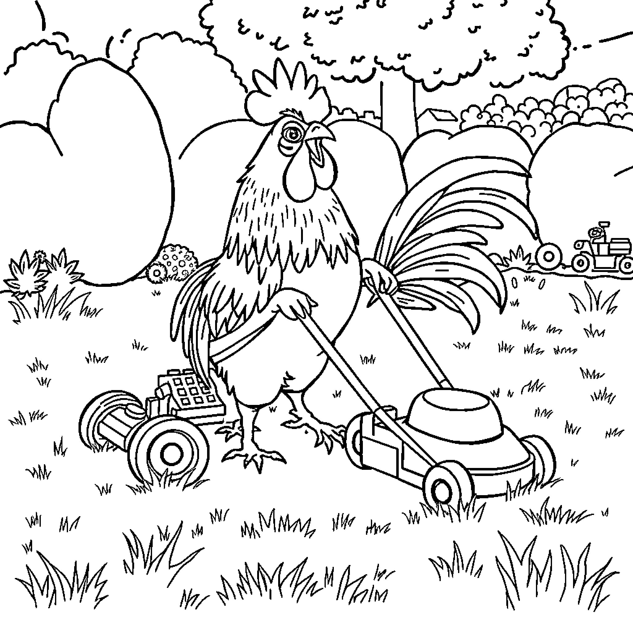 Rooster crowing amidst farm animals and machinery Coloring Page (free black-and-white line drawing printable PDF for all, from beginners to advanced learners, including children, teens, adults, and seniors)
