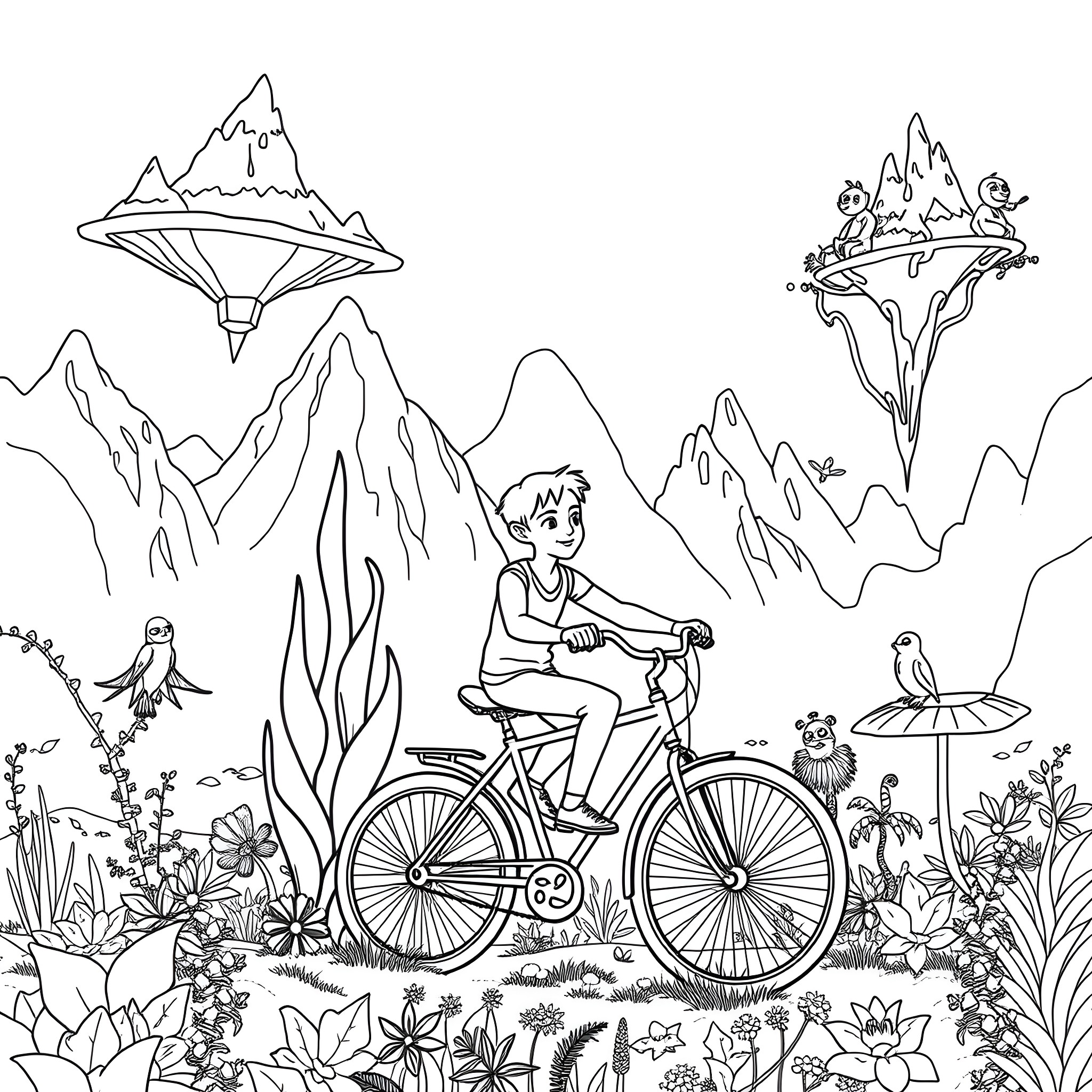 Jake biking through the whimsical fantasy landscape Coloring Page (free black-and-white line drawing printable PDF for all, from beginners to advanced learners, including children, teens, adults, and seniors)