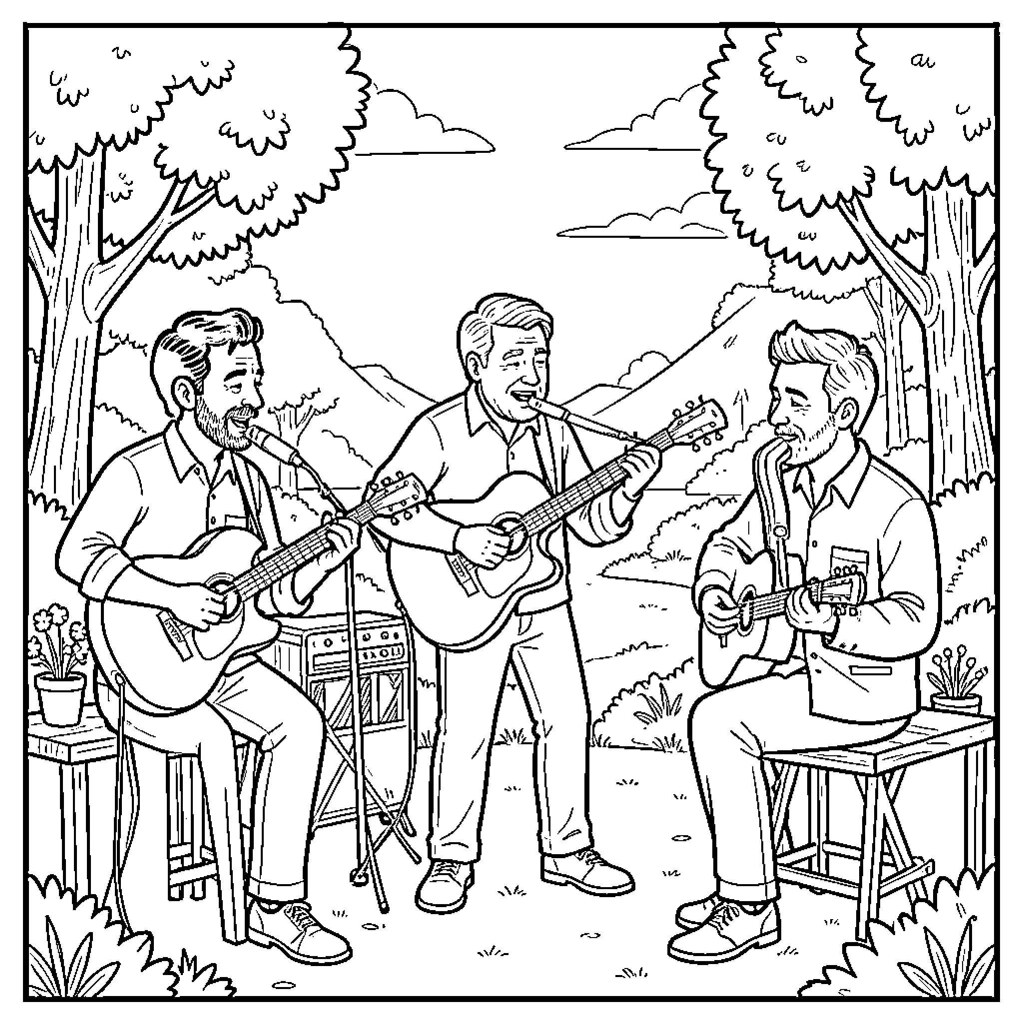 Blues Music Performance in the Outdoors Coloring Page (free black-and-white line drawing printable PDF for all, from beginners to advanced learners, including children, teens, adults, and seniors)