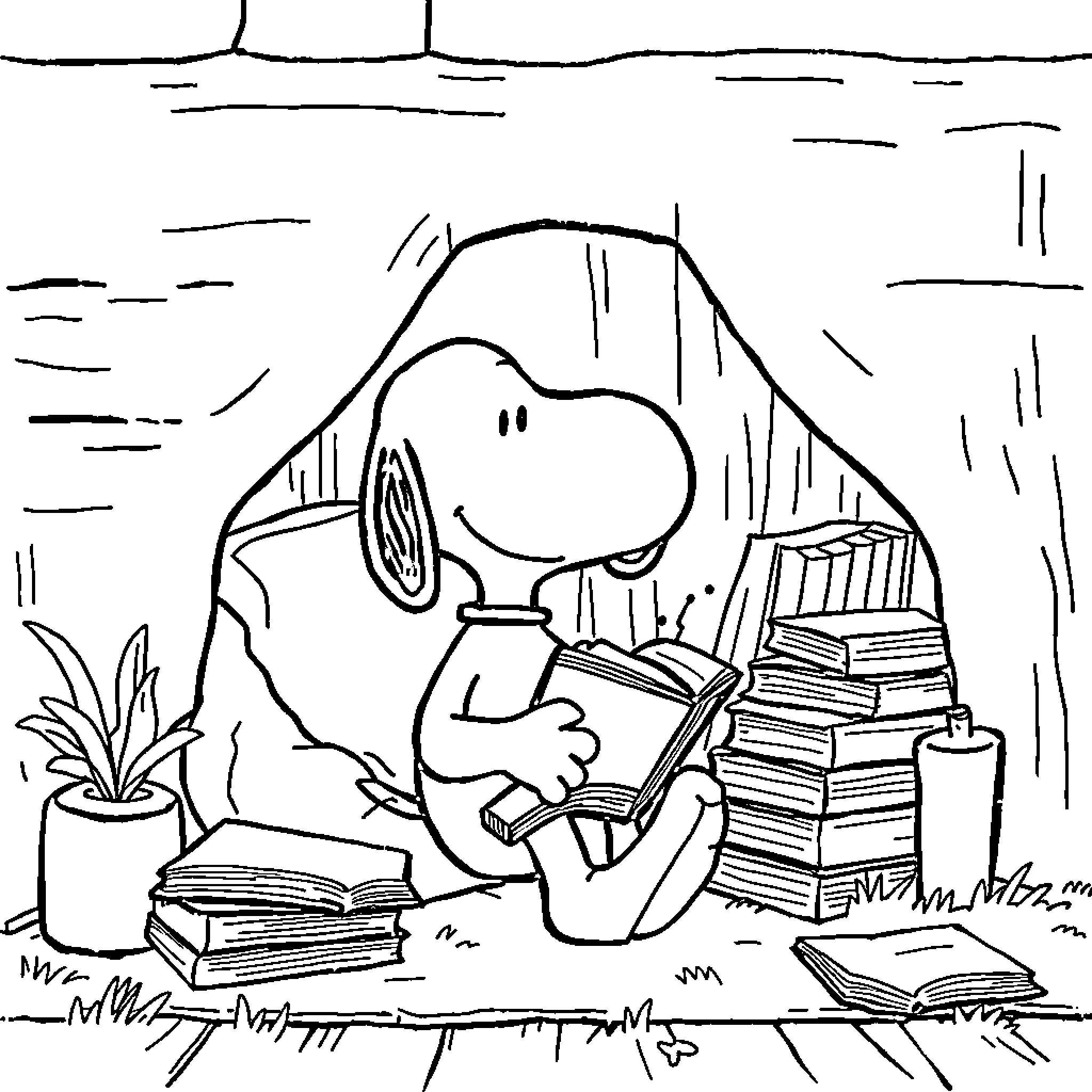 Snoopy relaxing and reading books in a cozy environment Coloring Page (free black-and-white line drawing printable PDF for all, from beginners to advanced learners, including children, teens, adults, and seniors)