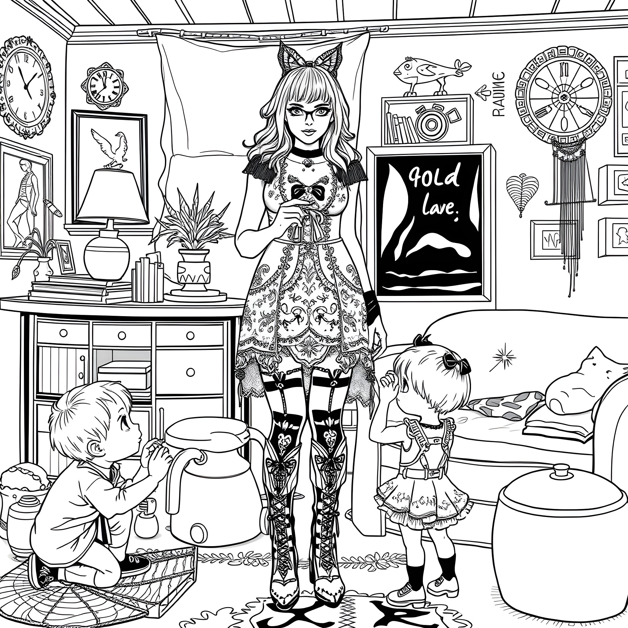 Goth Mom Supervising Playtime in Eclectic Home Coloring Page (free black-and-white line drawing printable PDF for all, from beginners to advanced learners, including children, teens, adults, and seniors)