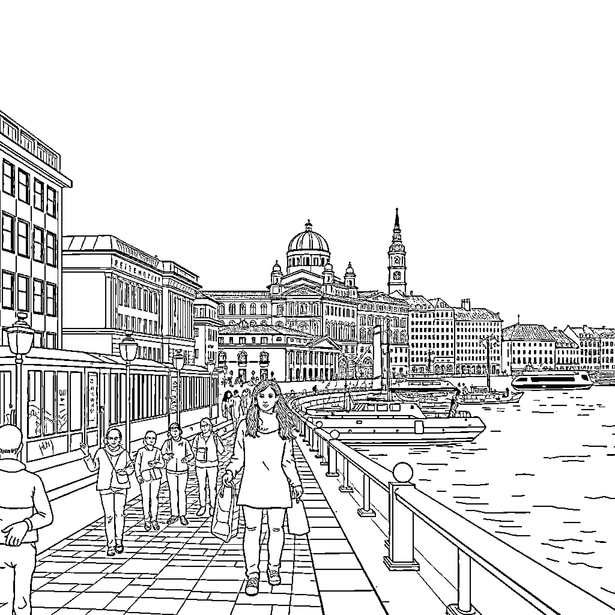 Helsinki architectural scene with pedestrians strolling by the waterfront Coloring Page (free black-and-white line drawing printable PDF for all, from beginners to advanced learners, including children, teens, adults, and seniors)
