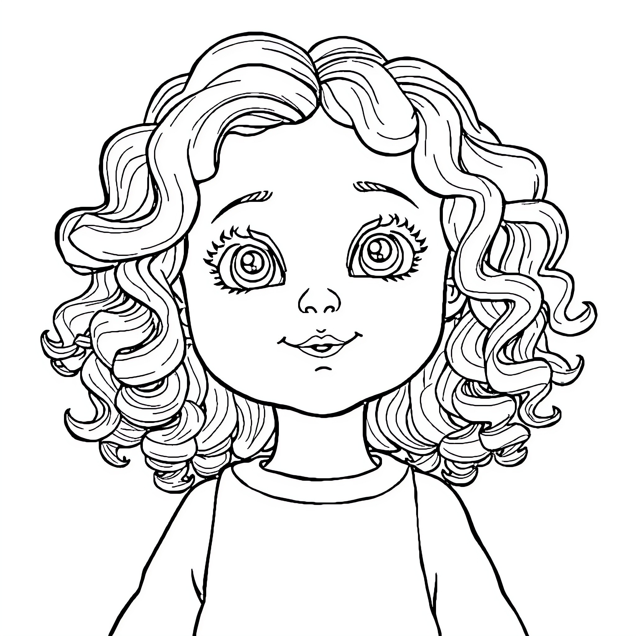 Doll with curly hairstyle and expression Coloring Page (free black-and-white line drawing printable PDF for all, from beginners to advanced learners, including children, teens, adults, and seniors)