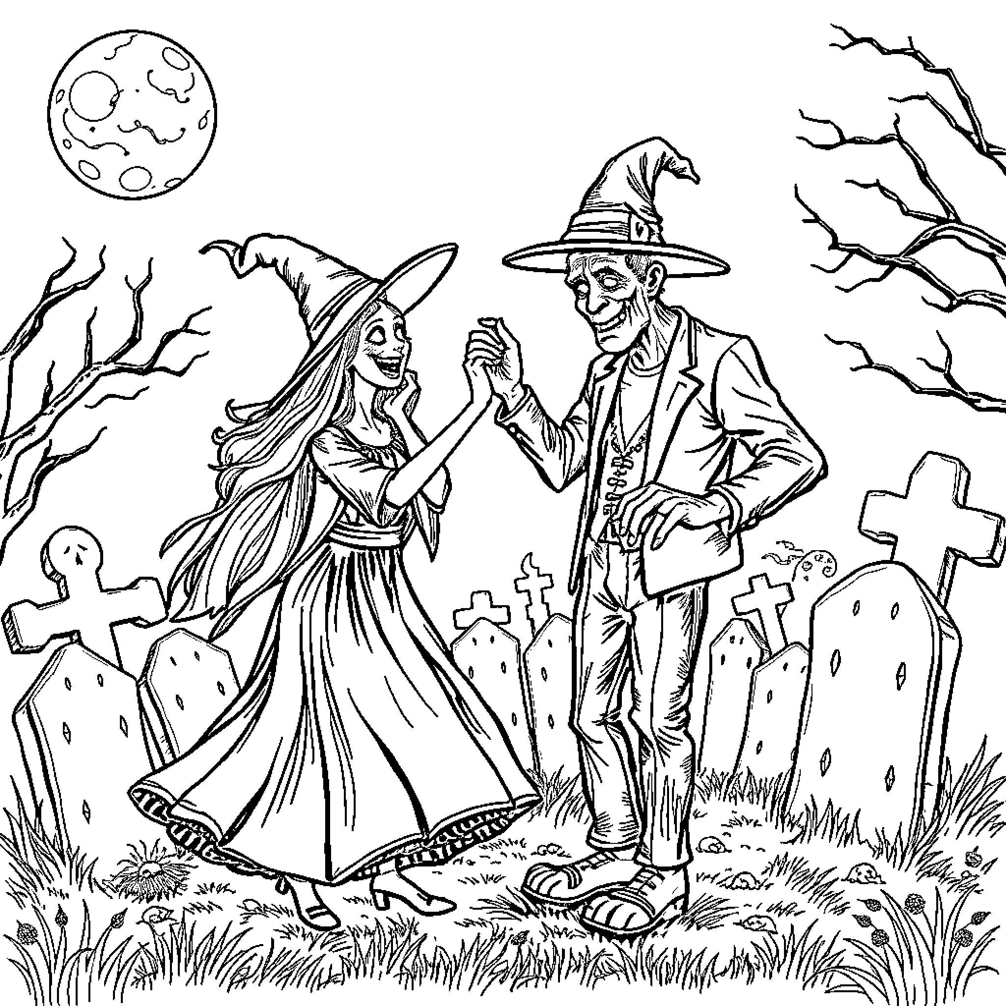 Witch and Wizard Dancing in Eerie Graveyard Coloring Page (free black-and-white line drawing printable PDF for all, from beginners to advanced learners, including children, teens, adults, and seniors)