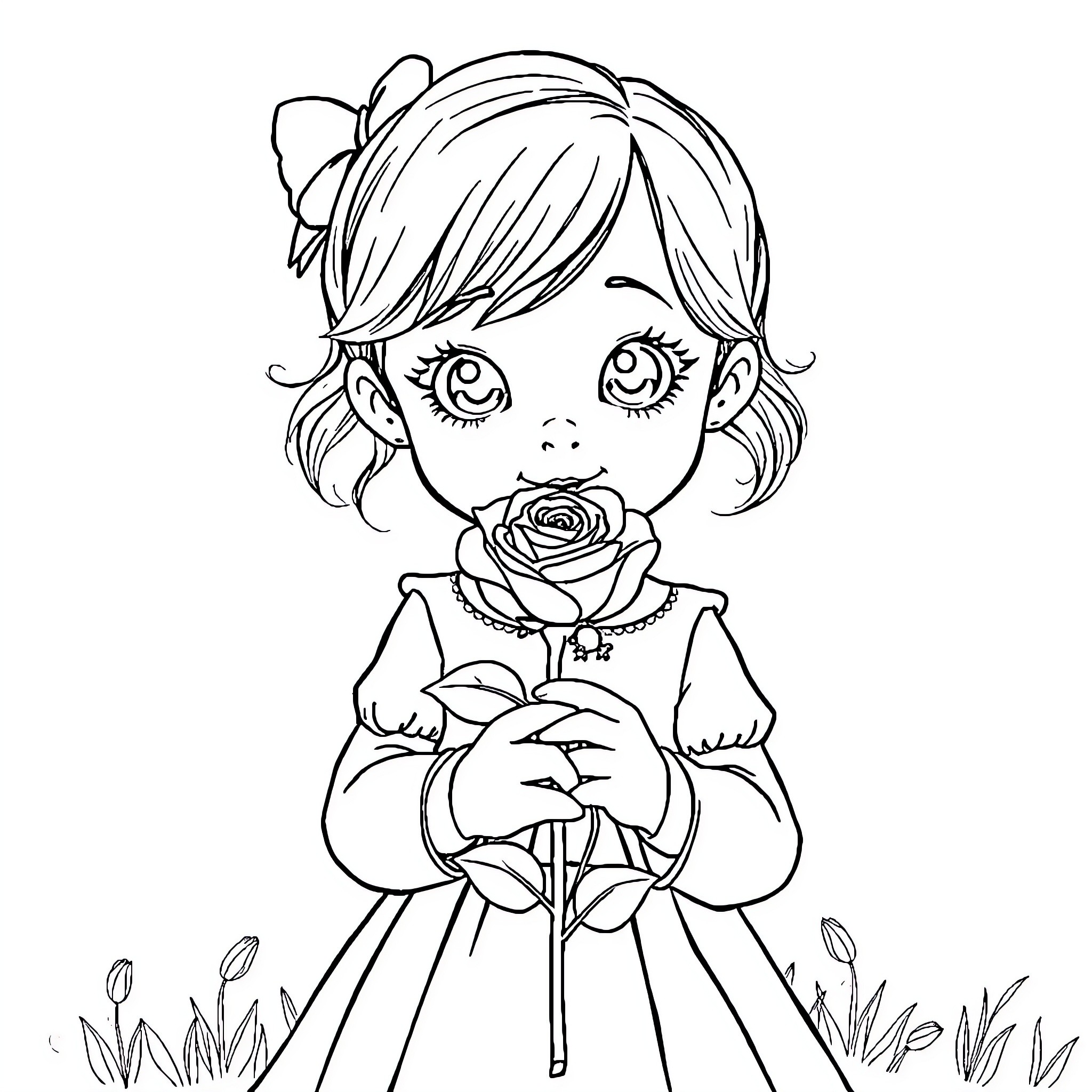 Rose holding a blooming flower with joy Coloring Page (free black-and-white line drawing printable PDF for all, from beginners to advanced learners, including children, teens, adults, and seniors)