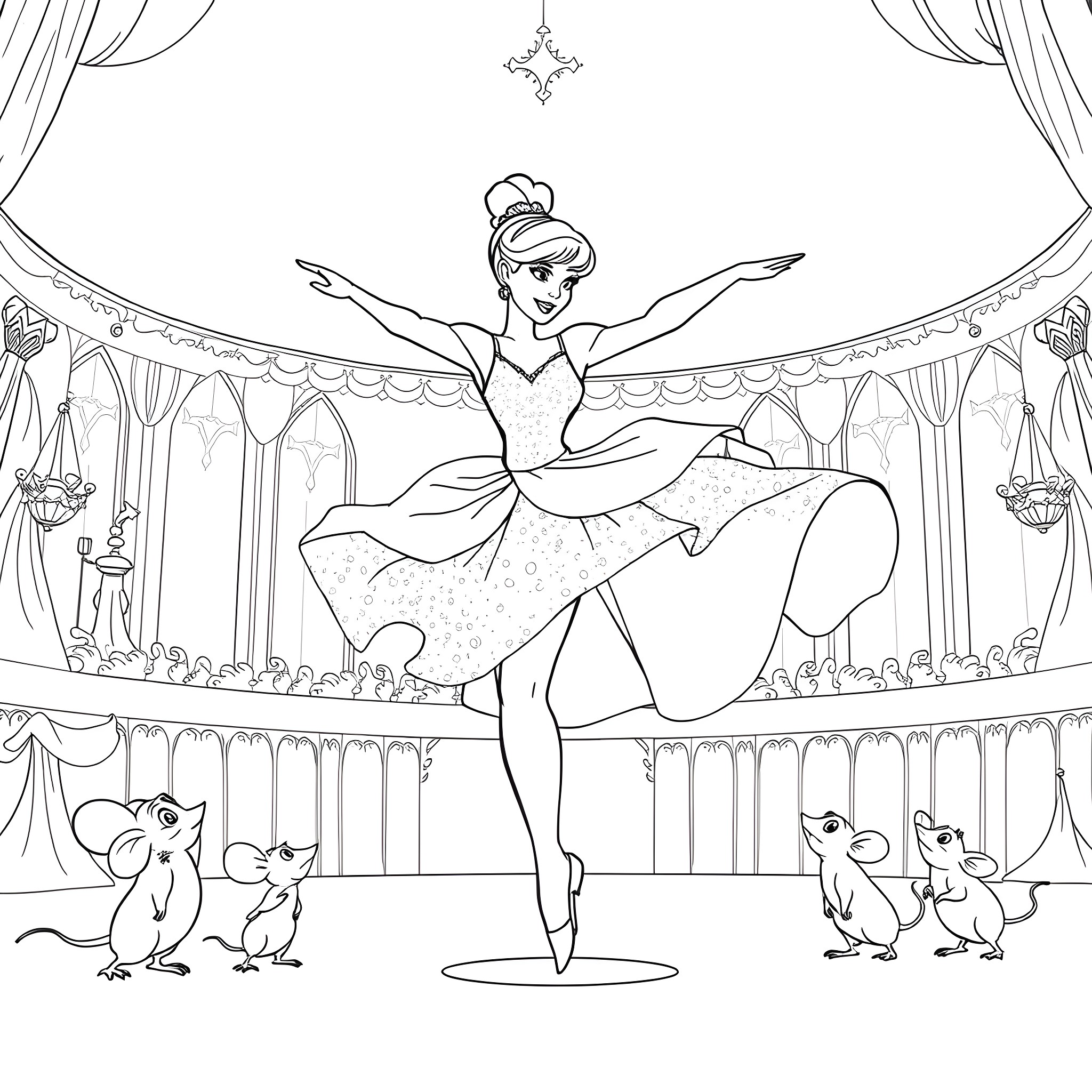 Cinderella performing gracefully on stage with animal companions Coloring Page (free black-and-white line drawing printable PDF for all, from beginners to advanced learners, including children, teens, adults, and seniors)