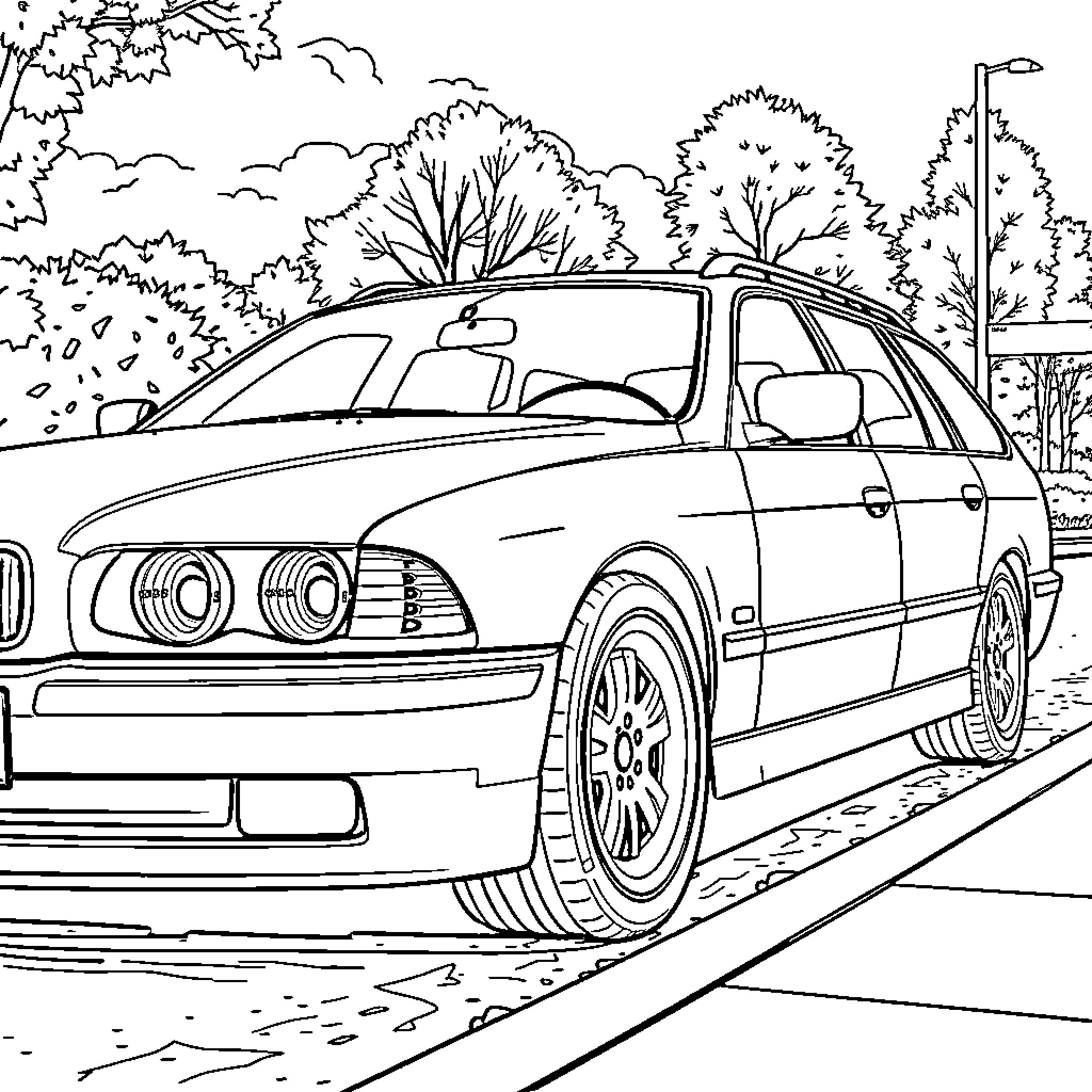 BMW wagon in a scenic outdoor environment Coloring Page (free black-and-white line drawing printable PDF for all, from beginners to advanced learners, including children, teens, adults, and seniors)