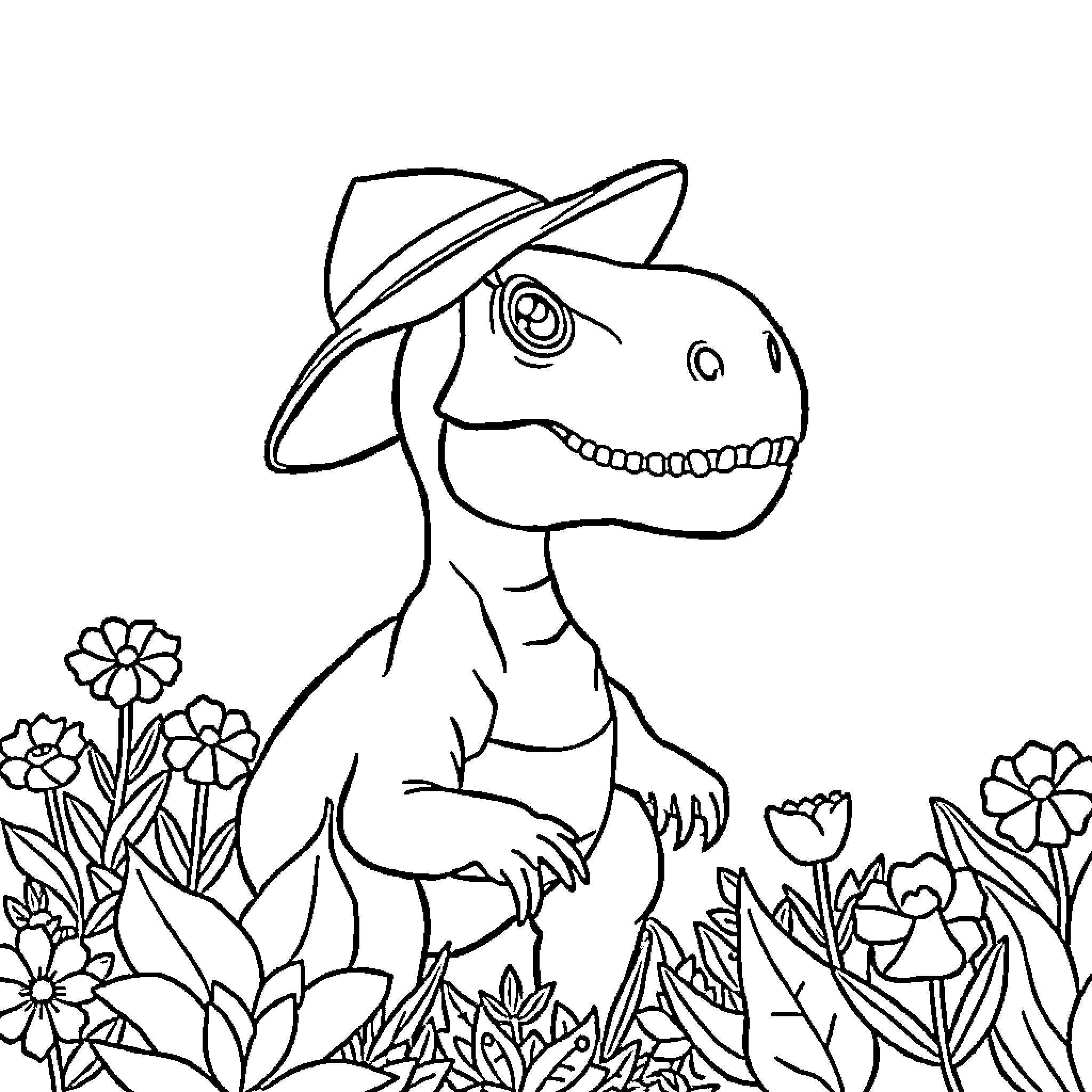 Dinosaur enjoying a day in the garden Coloring Page (free black-and-white line drawing printable PDF for all, from beginners to advanced learners, including children, teens, adults, and seniors)
