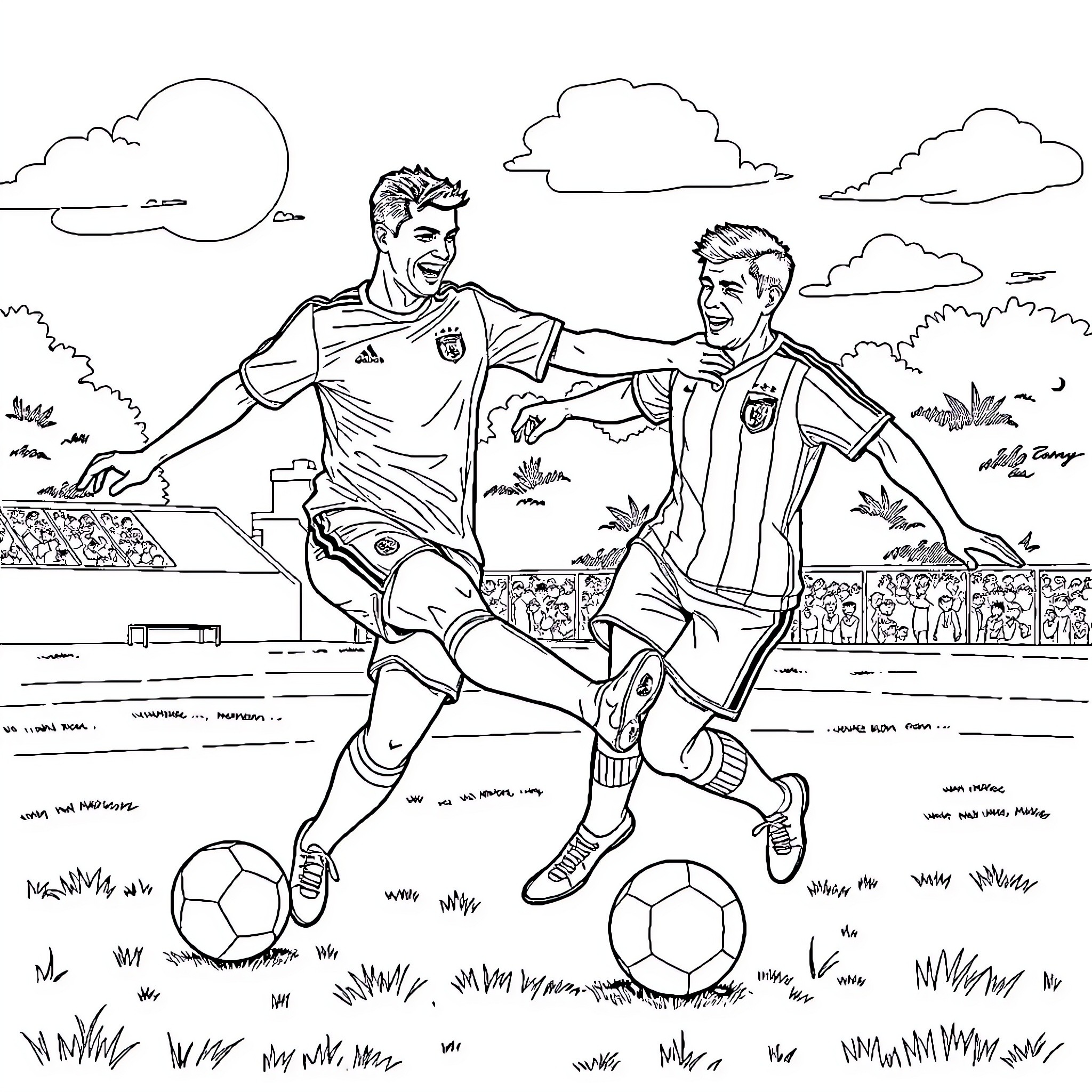 Ronaldo and teammate on the soccer field Coloring Page (free black-and-white line drawing printable PDF for all, from beginners to advanced learners, including children, teens, adults, and seniors)