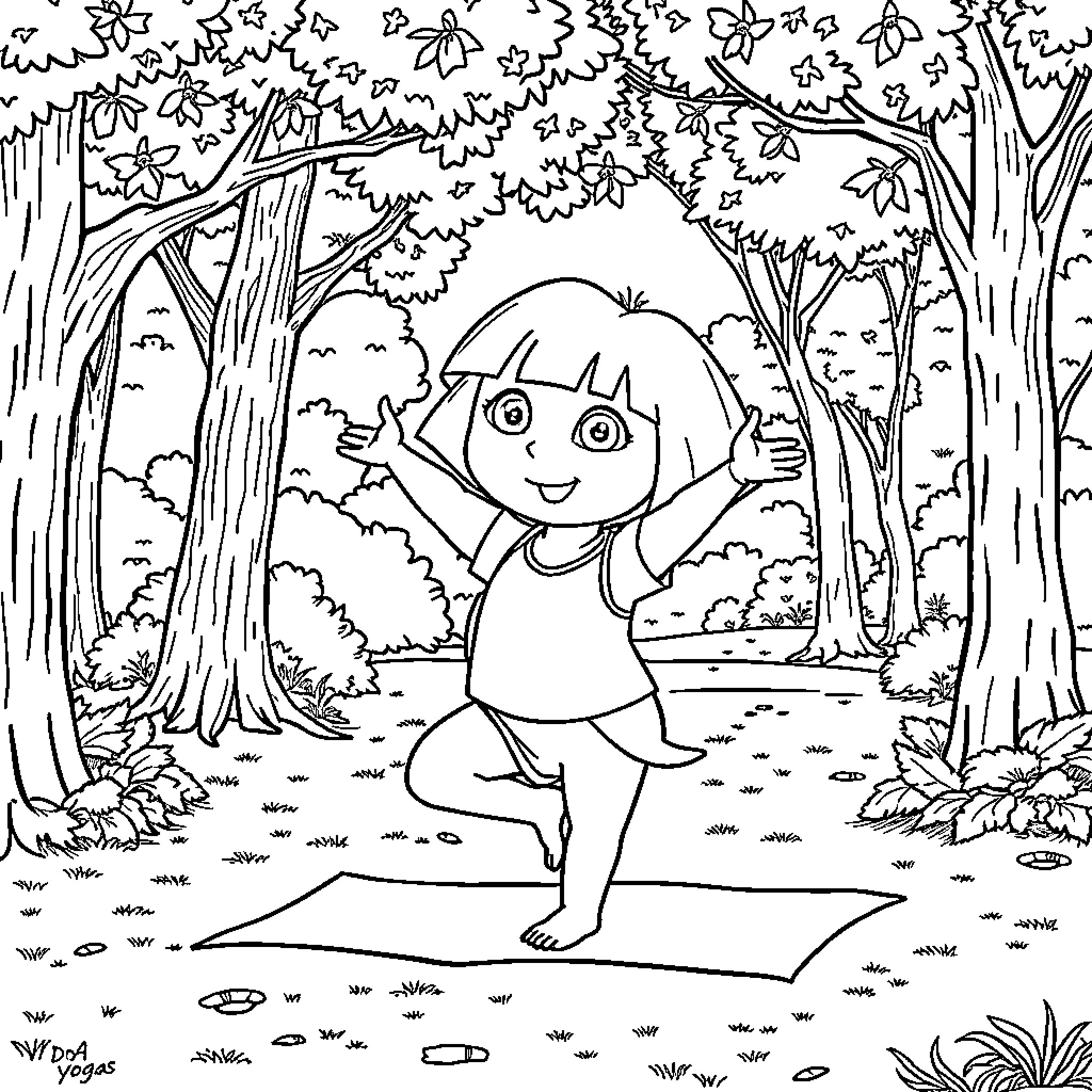 Dora exploring the magical forest Coloring Page (free black-and-white line drawing printable PDF for all, from beginners to advanced learners, including children, teens, adults, and seniors)